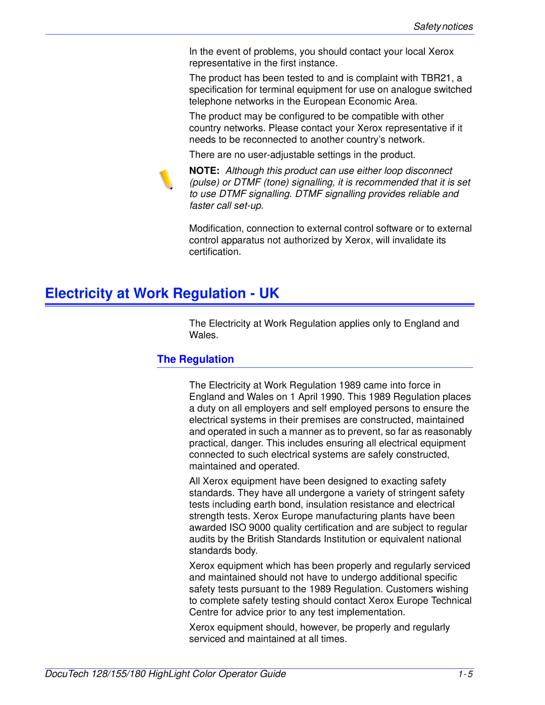 Xerox 128 manual Electricity at Work Regulation UK 