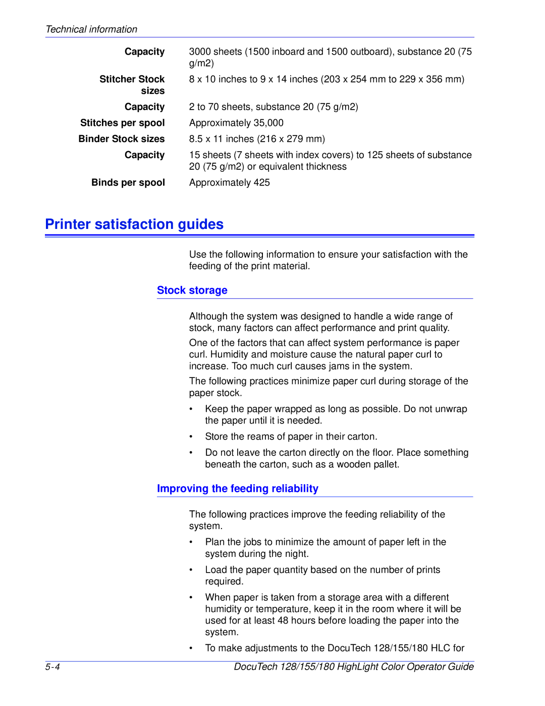 Xerox 128 manual Printer satisfaction guides, Stock storage, Improving the feeding reliability, Stitches per spool 