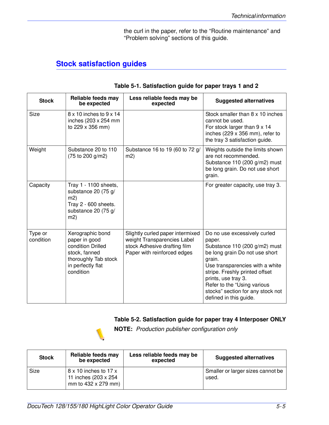 Xerox 128 manual Stock satisfaction guides, Satisfaction guide for paper trays 1 