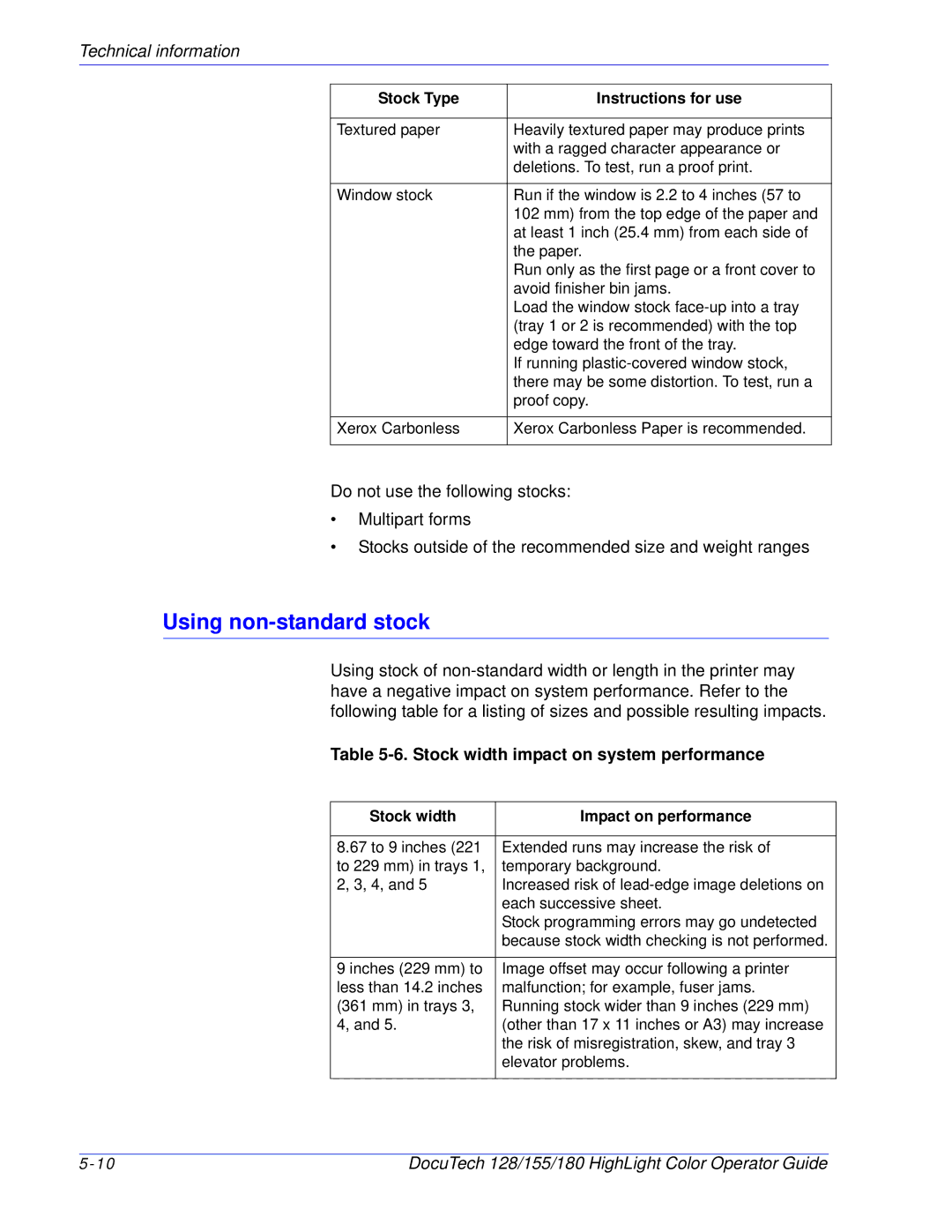 Xerox 128 manual Using non-standard stock, Stock width impact on system performance 