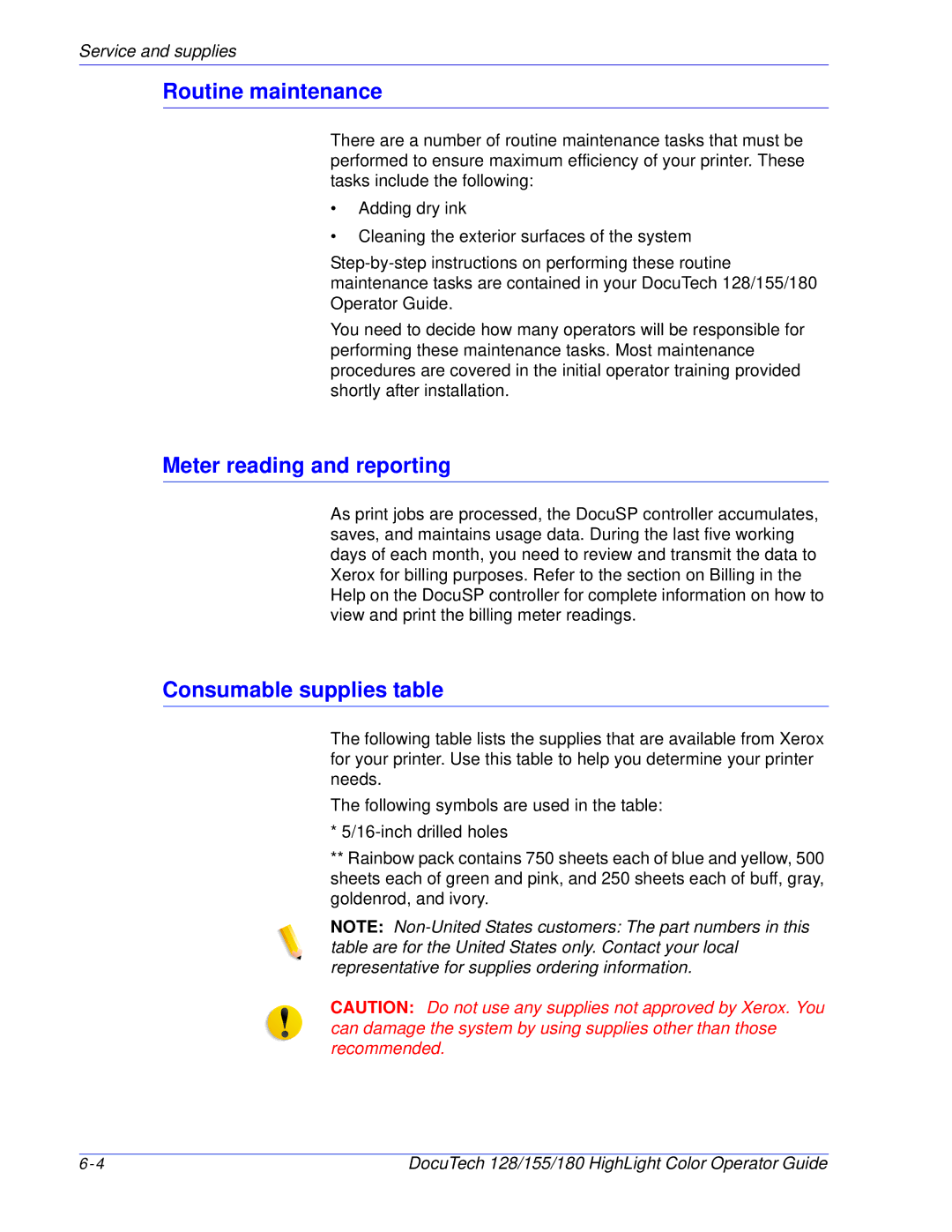 Xerox 128 manual Routine maintenance, Meter reading and reporting, Consumable supplies table 