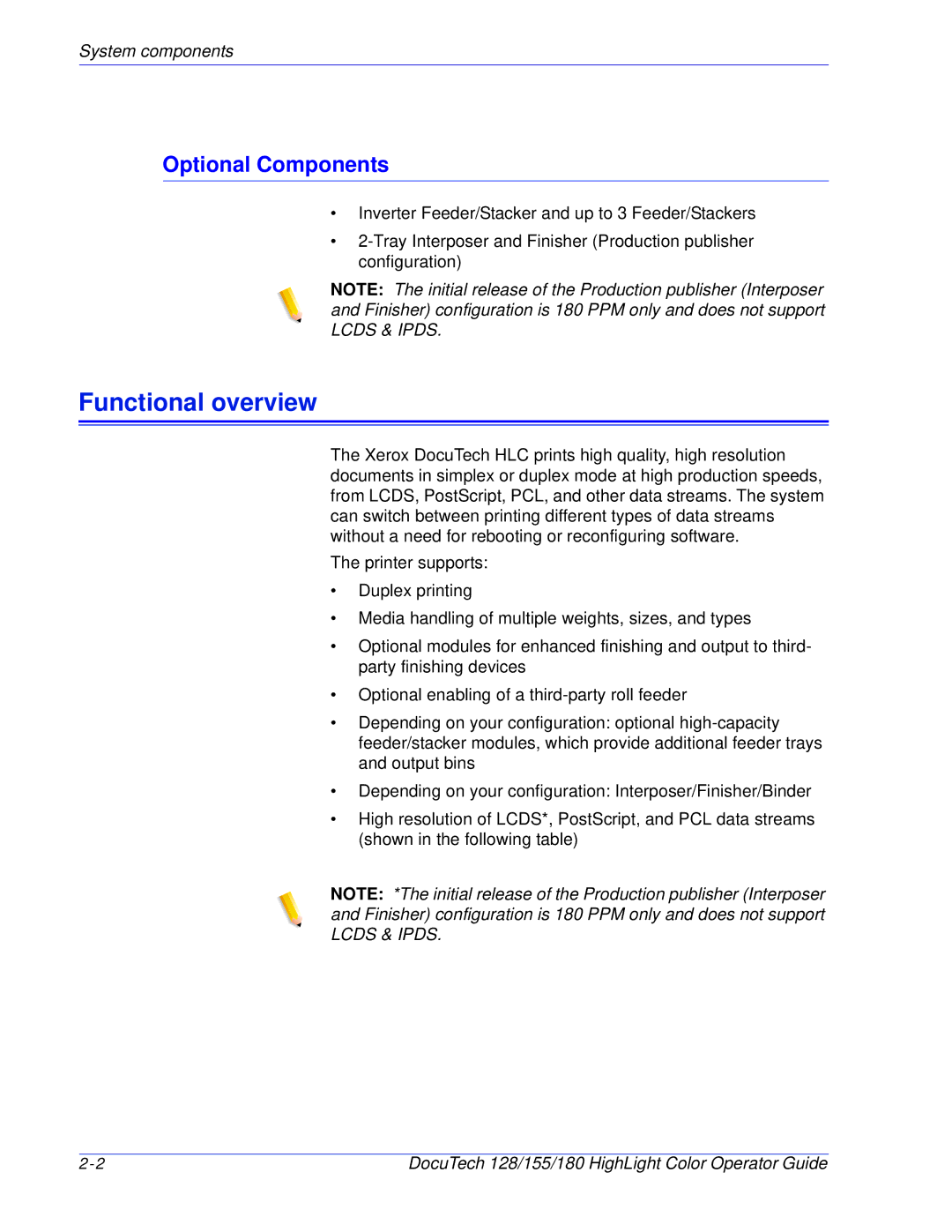 Xerox 128 manual Functional overview, Optional Components 