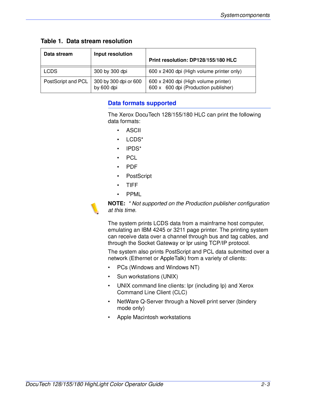 Xerox 128 manual Data stream resolution, Data formats supported 