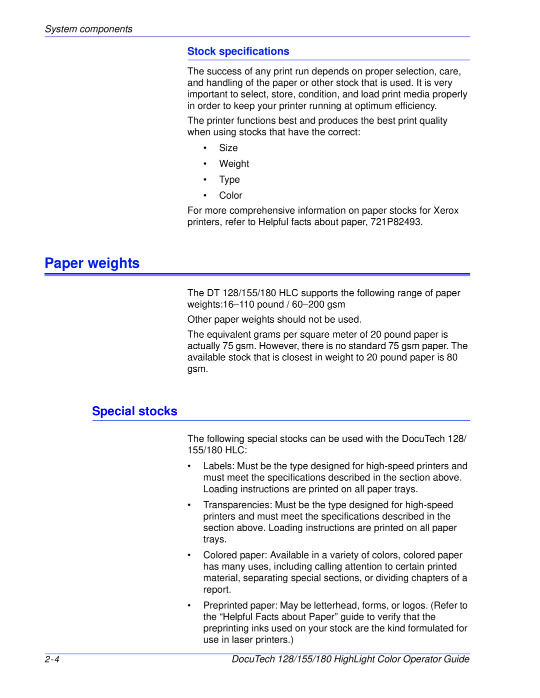 Xerox 128 manual Paper weights, Special stocks, Stock specifications 