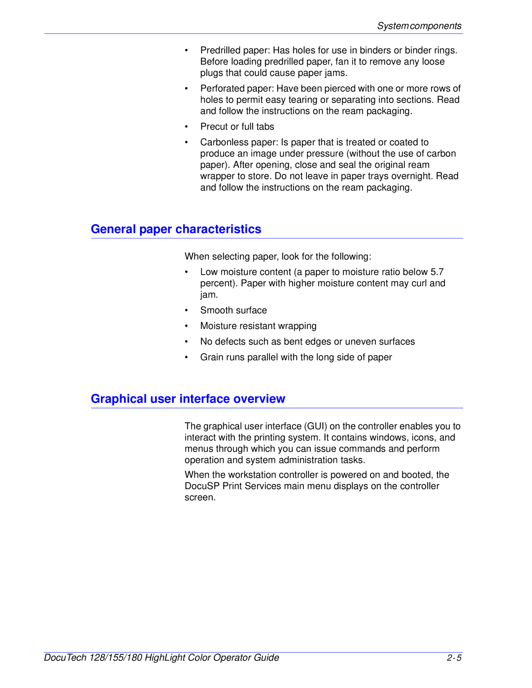 Xerox 128 manual General paper characteristics, Graphical user interface overview 