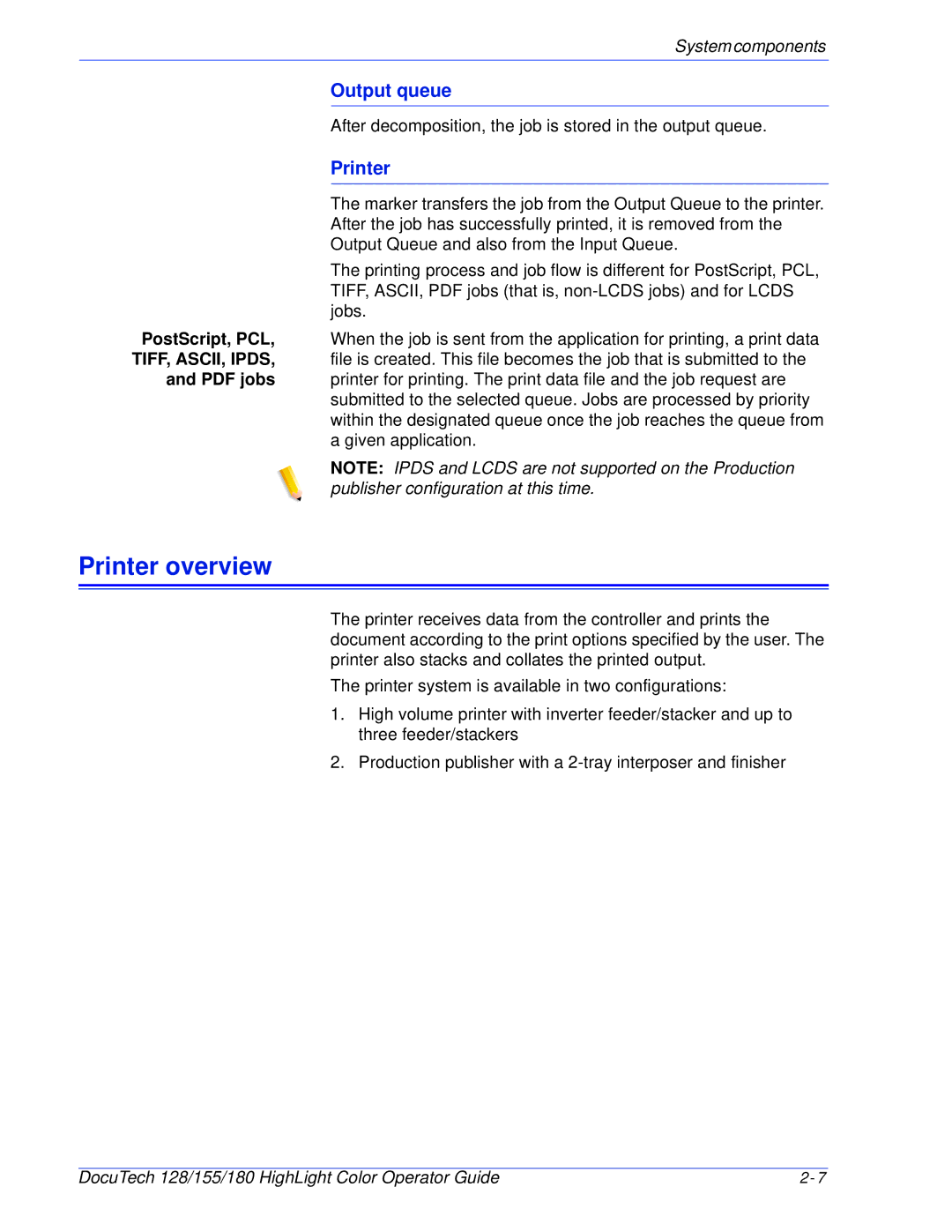 Xerox 128 manual Printer overview, Output queue 