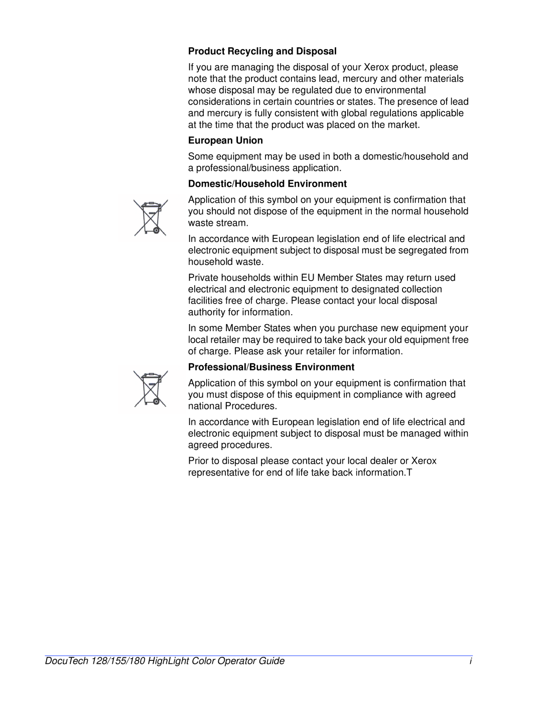 Xerox 128 manual Product Recycling and Disposal, European Union, Domestic/Household Environment 