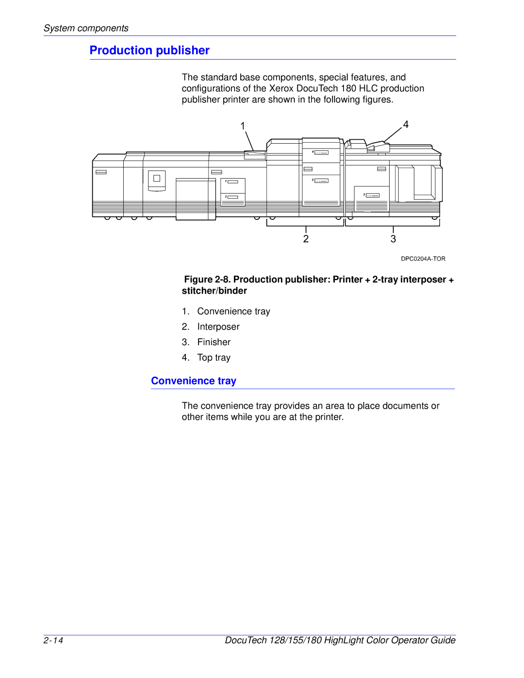 Xerox 128 manual Production publisher, Convenience tray 