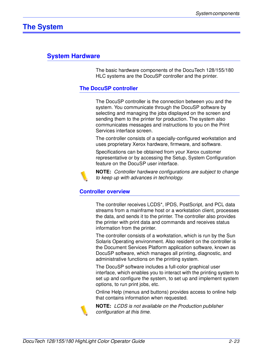 Xerox 128 manual System Hardware, DocuSP controller, Controller overview 