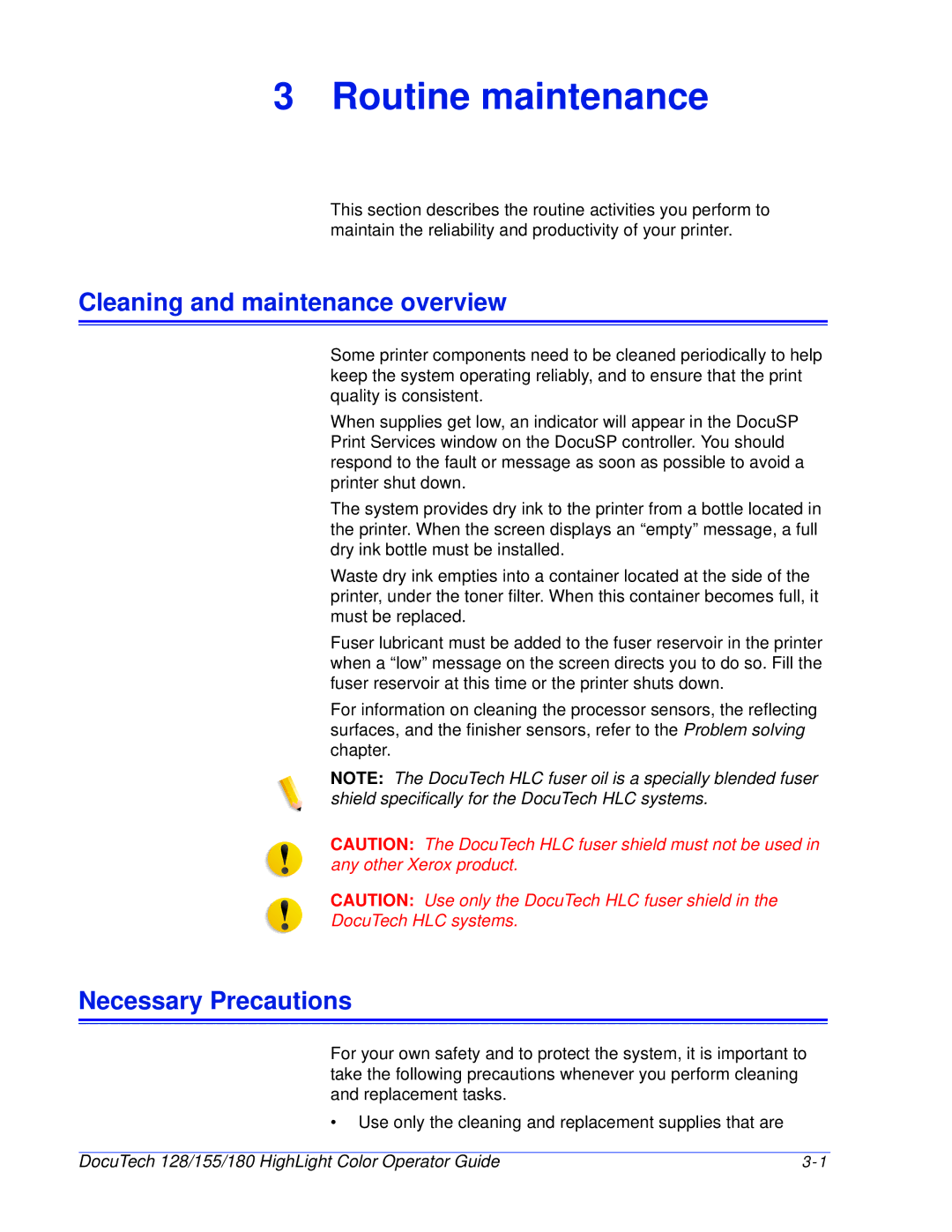 Xerox 128 manual Cleaning and maintenance overview, Necessary Precautions 