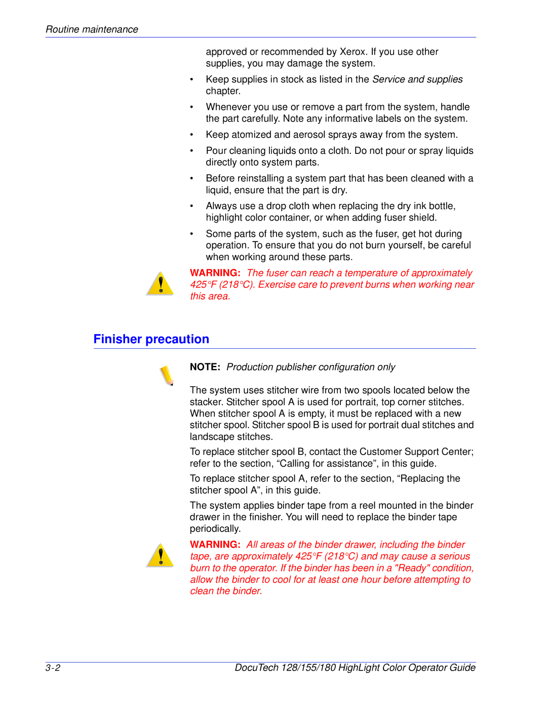 Xerox 128 manual Finisher precaution, Routine maintenance 