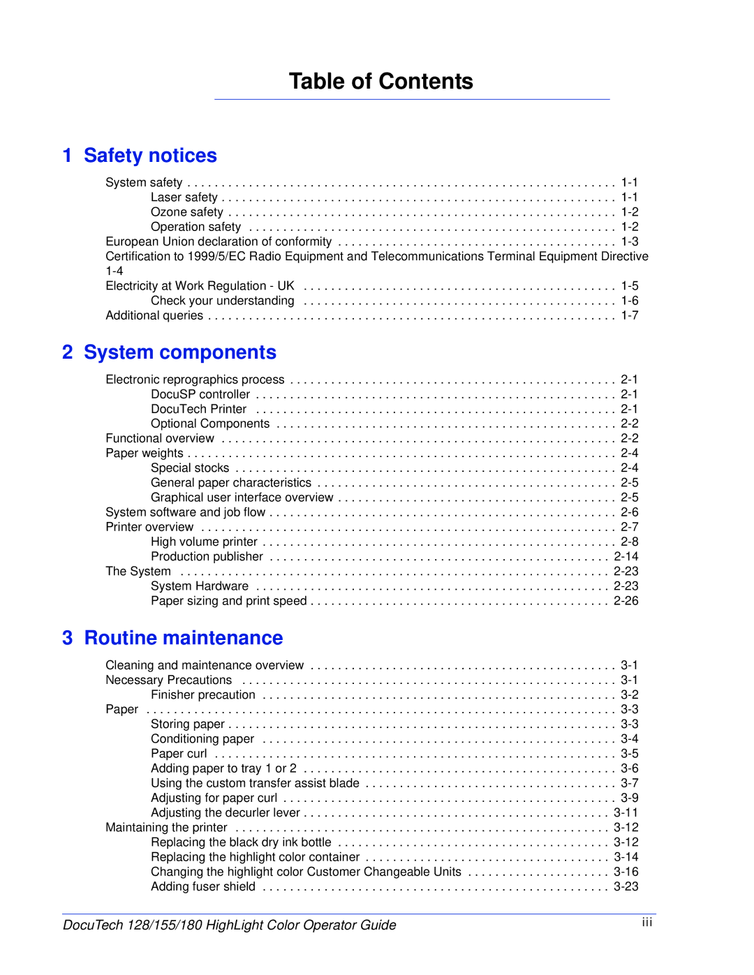 Xerox 128 manual Table of Contents 