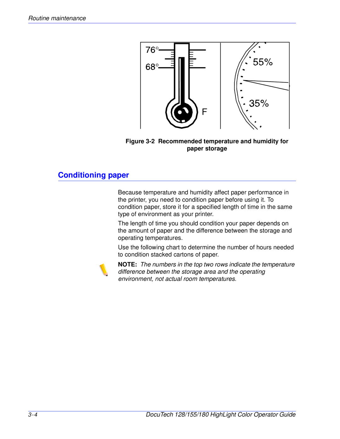 Xerox 128 manual Conditioning paper, Recommended temperature and humidity for Paper storage 