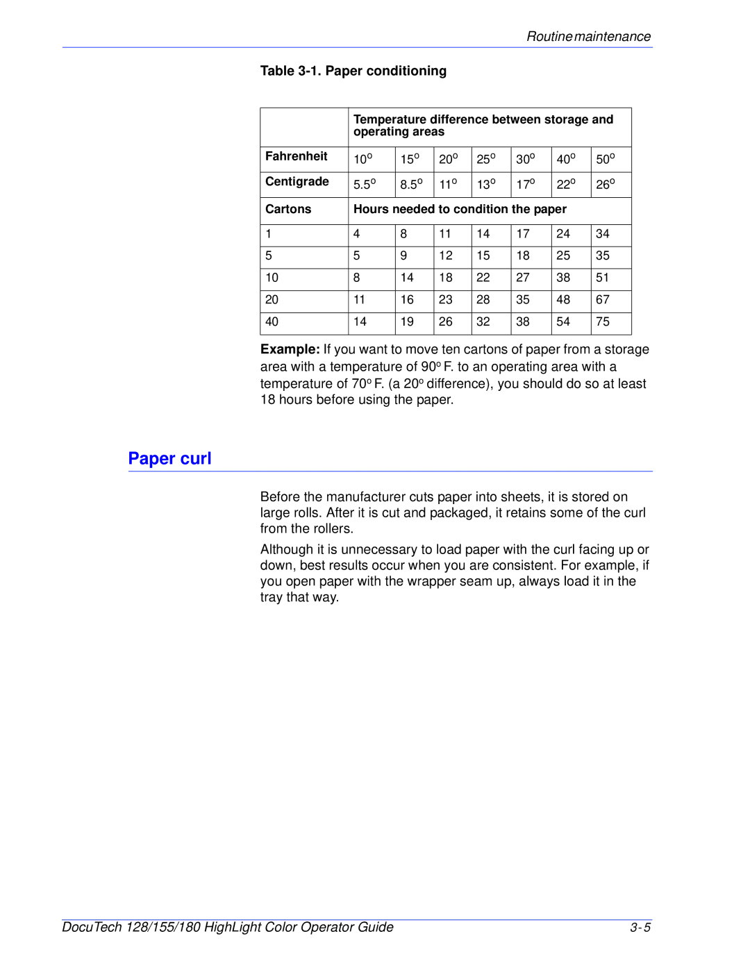 Xerox 128 manual Paper curl, Paper conditioning 