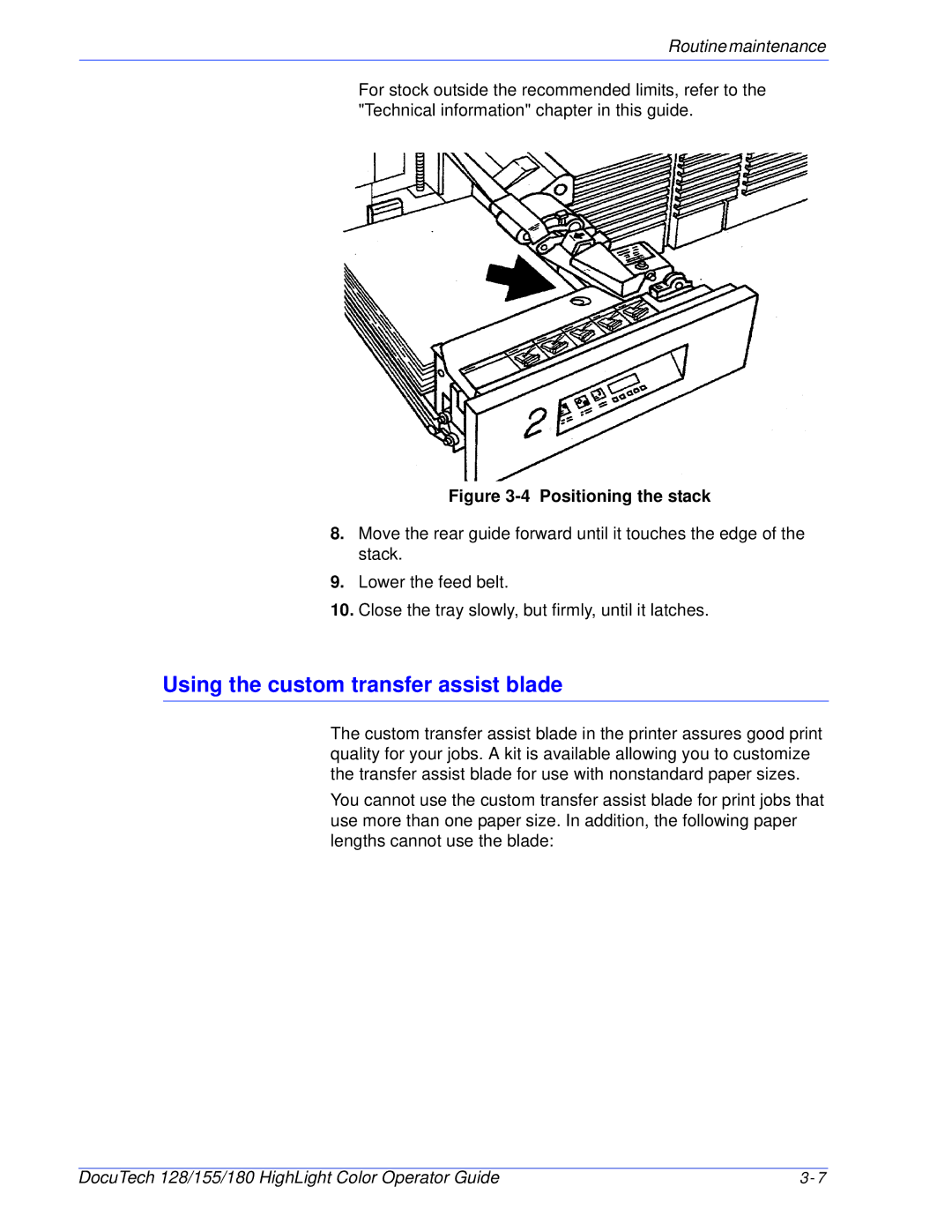 Xerox 128 manual Using the custom transfer assist blade, Positioning the stack 