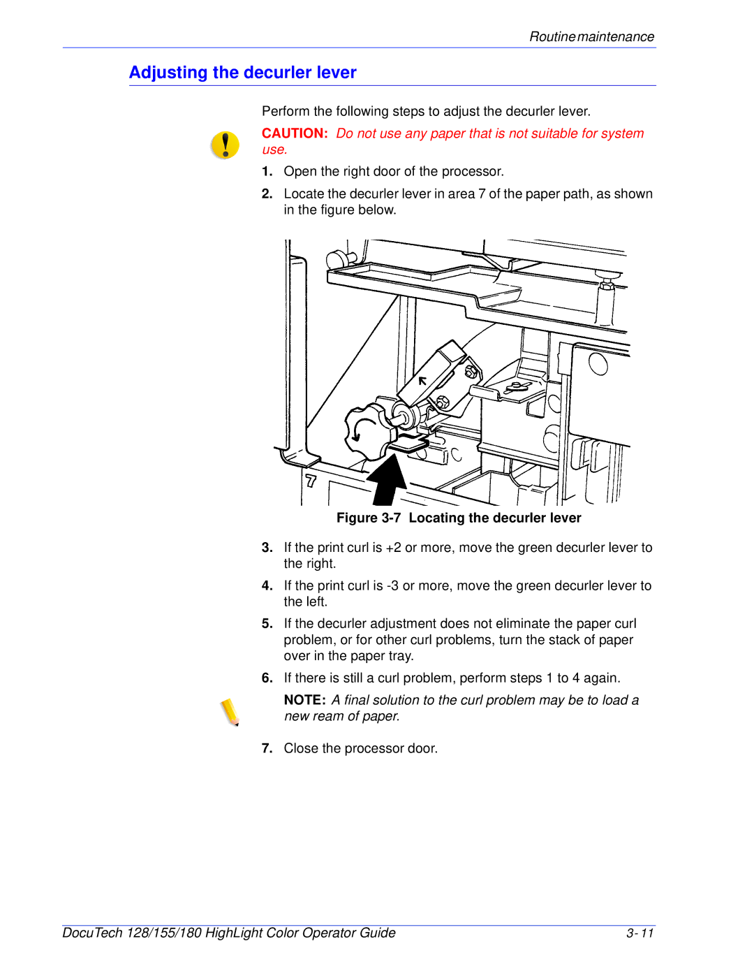 Xerox 128 manual Adjusting the decurler lever, Locating the decurler lever 