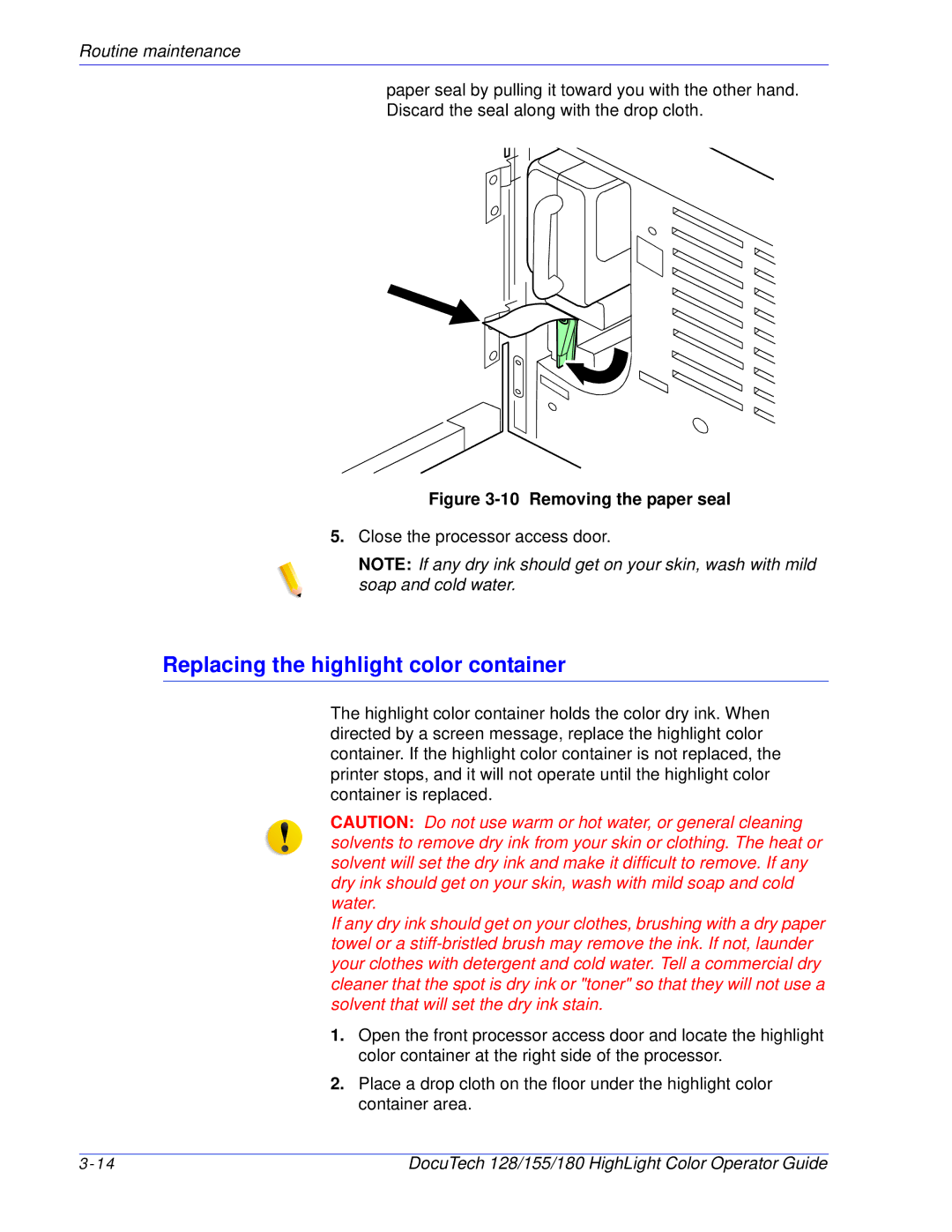 Xerox 128 manual Replacing the highlight color container, Removing the paper seal 