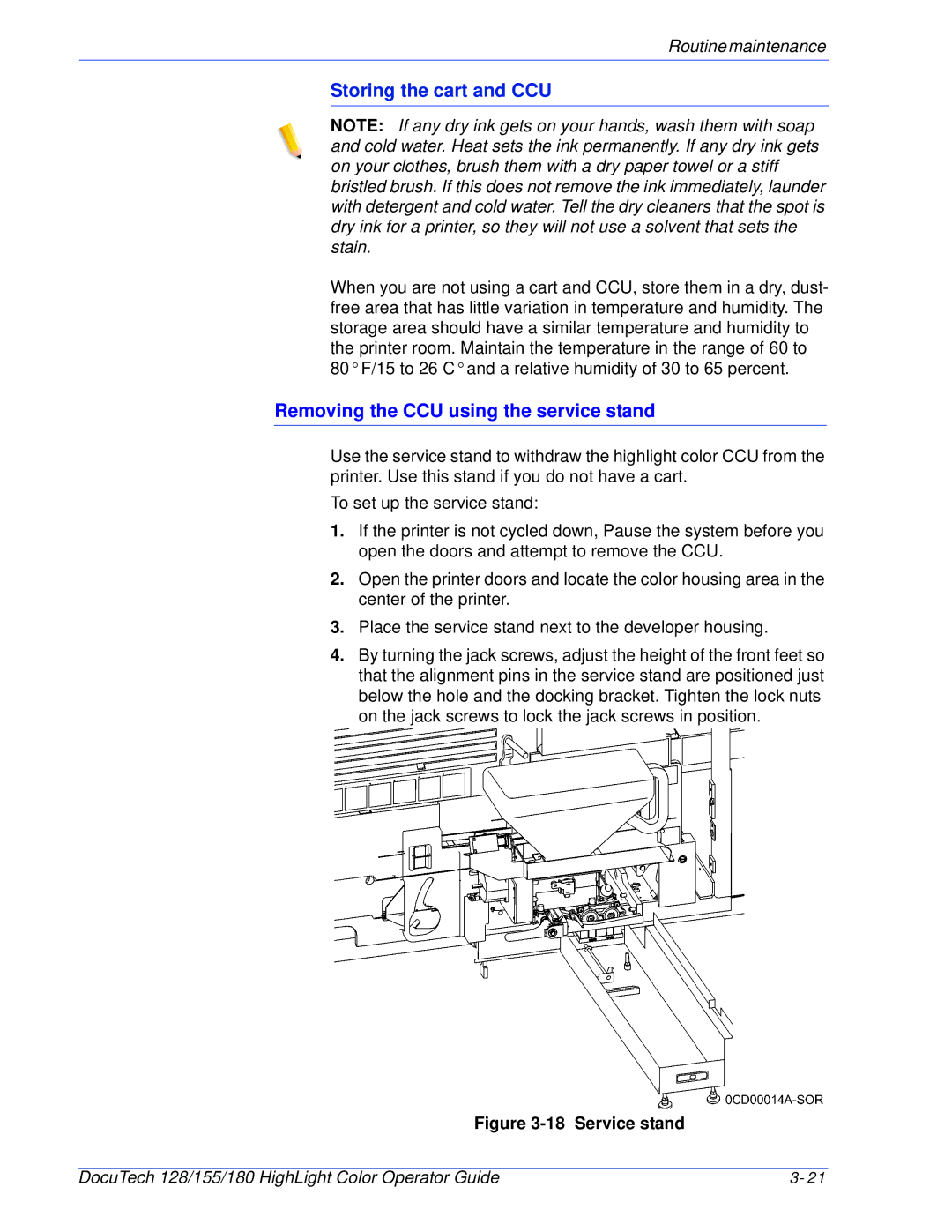 Xerox 128 manual Storing the cart and CCU, Removing the CCU using the service stand 