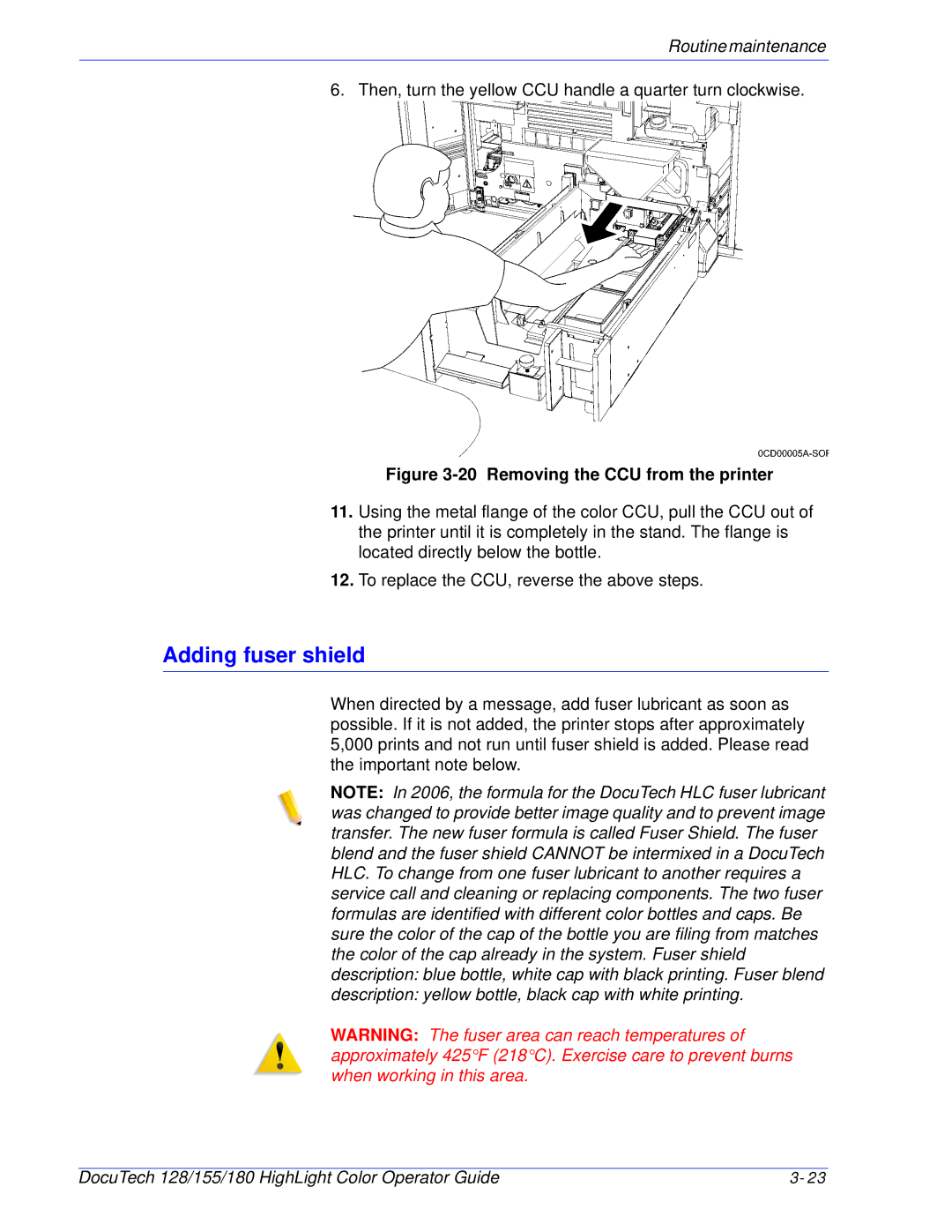 Xerox 128 manual Adding fuser shield, Removing the CCU from the printer 