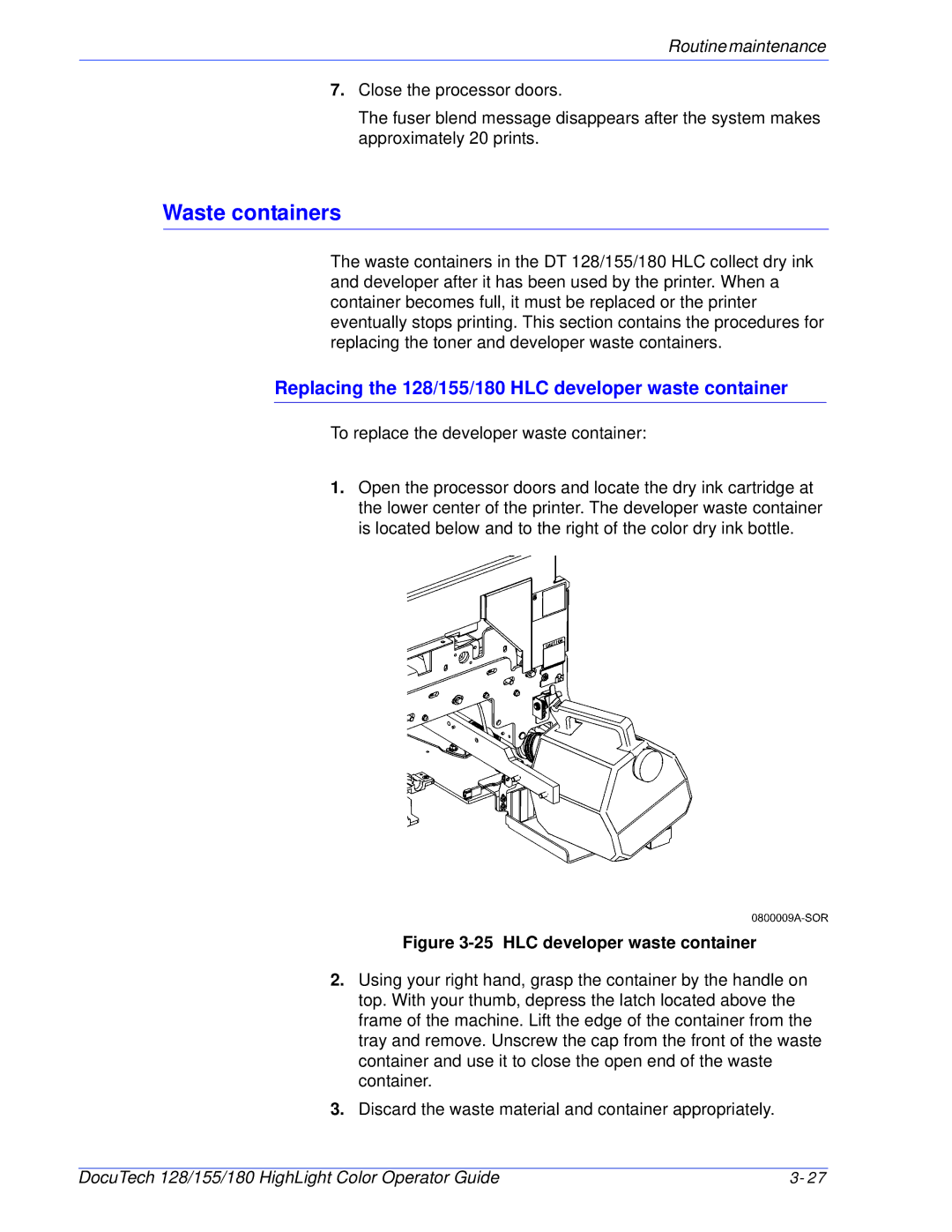 Xerox manual Waste containers, Replacing the 128/155/180 HLC developer waste container 