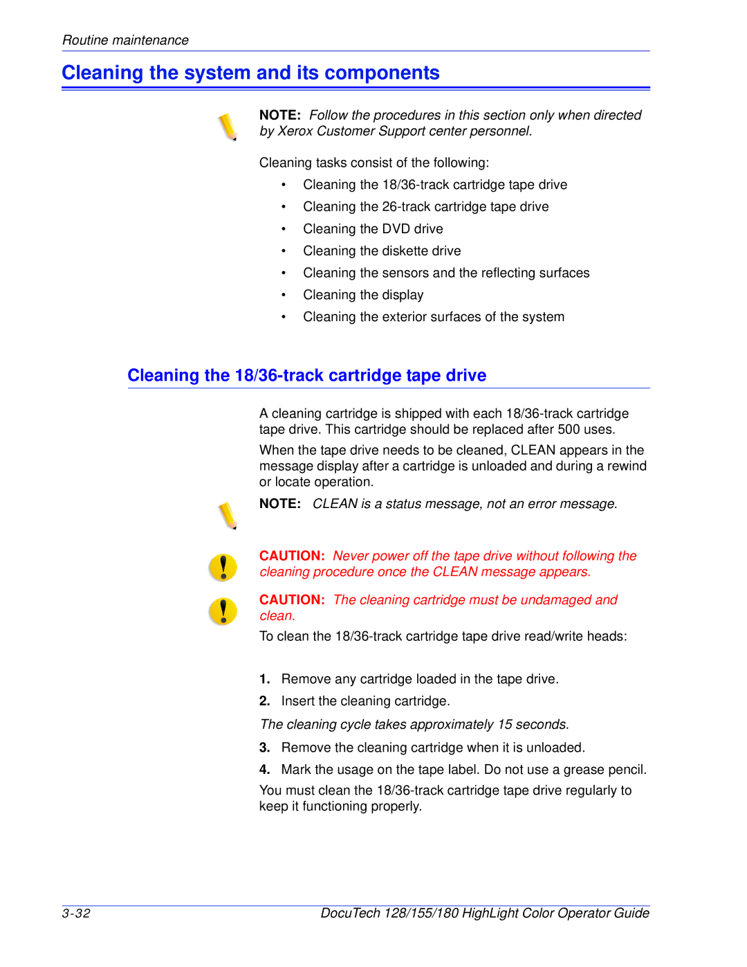 Xerox 128 manual Cleaning the system and its components, Cleaning the 18/36-track cartridge tape drive 