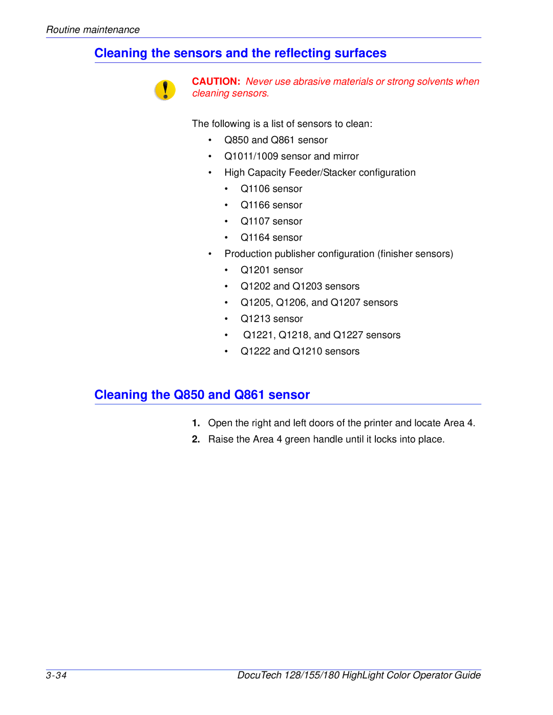 Xerox 128 manual Cleaning the sensors and the reflecting surfaces, Cleaning the Q850 and Q861 sensor 