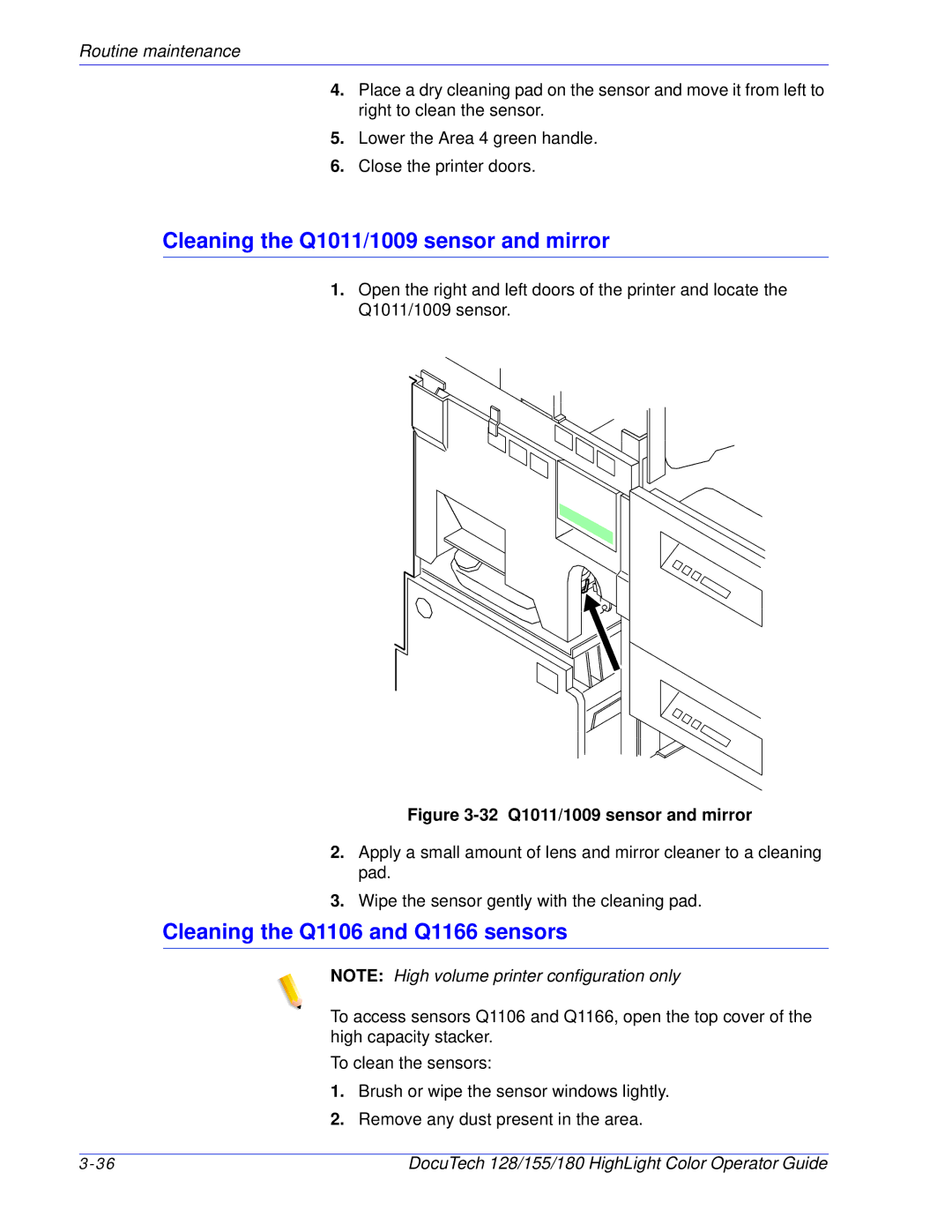 Xerox 128 manual Cleaning the Q1011/1009 sensor and mirror, Cleaning the Q1106 and Q1166 sensors 