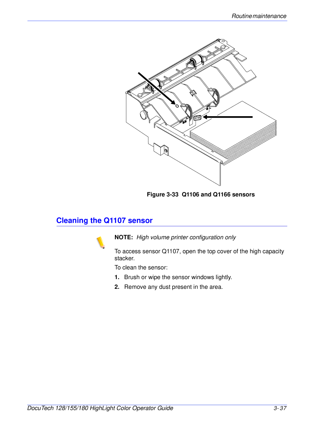 Xerox 128 manual Cleaning the Q1107 sensor, 33 Q1106 and Q1166 sensors 