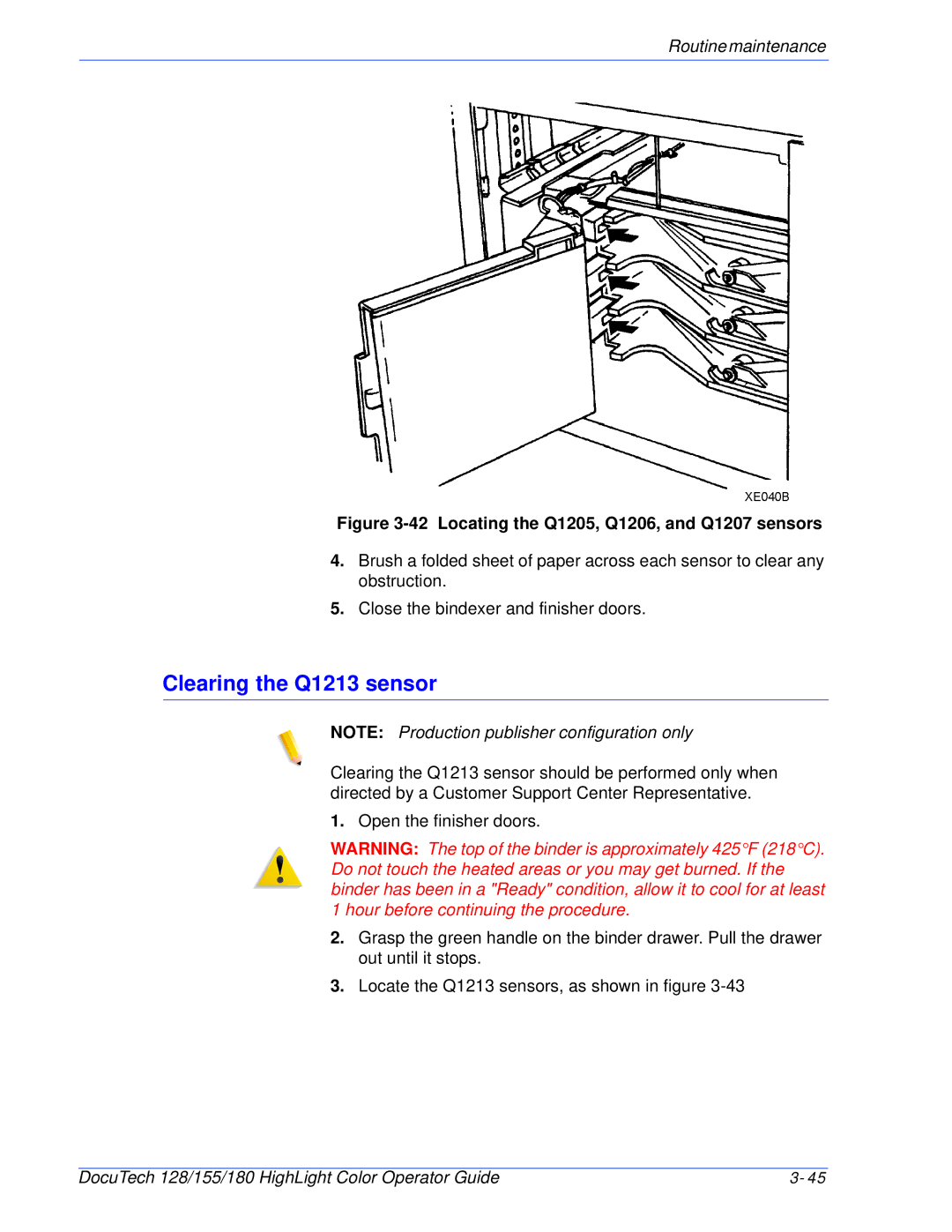 Xerox 128 manual Clearing the Q1213 sensor, Locating the Q1205, Q1206, and Q1207 sensors 