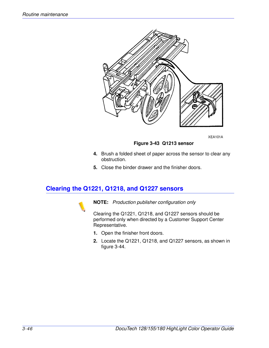 Xerox 128 manual Clearing the Q1221, Q1218, and Q1227 sensors, 43 Q1213 sensor 