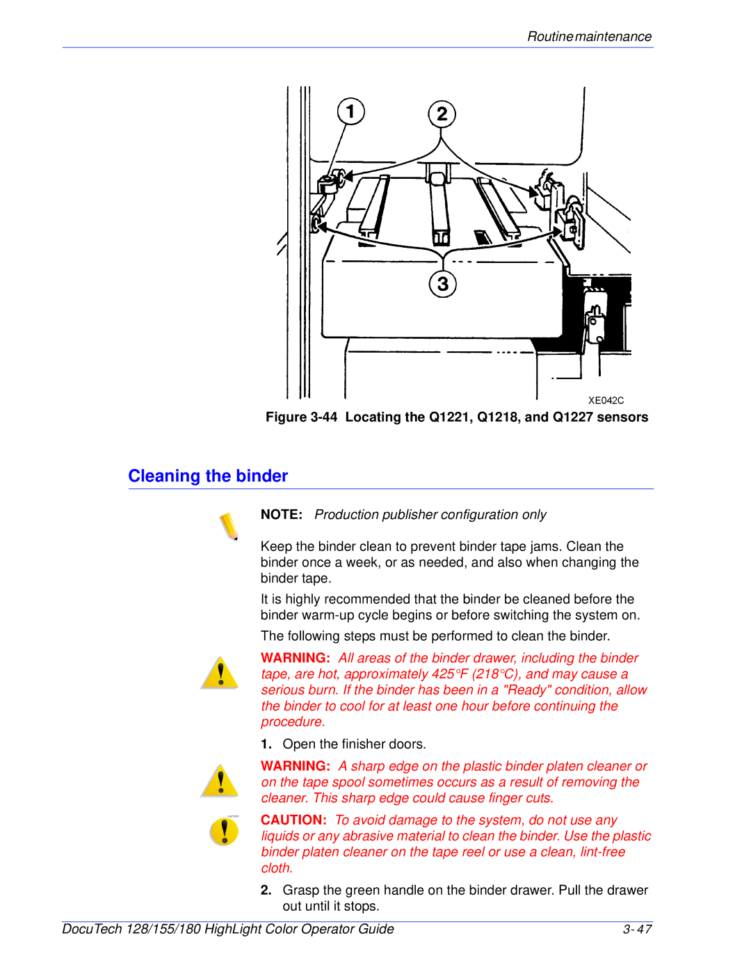 Xerox 128 manual Cleaning the binder, Locating the Q1221, Q1218, and Q1227 sensors 