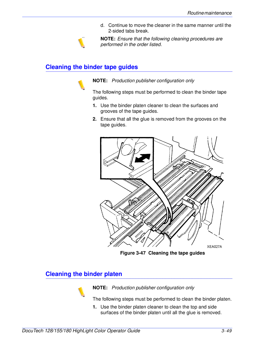 Xerox 128 manual Cleaning the binder tape guides, Cleaning the binder platen 