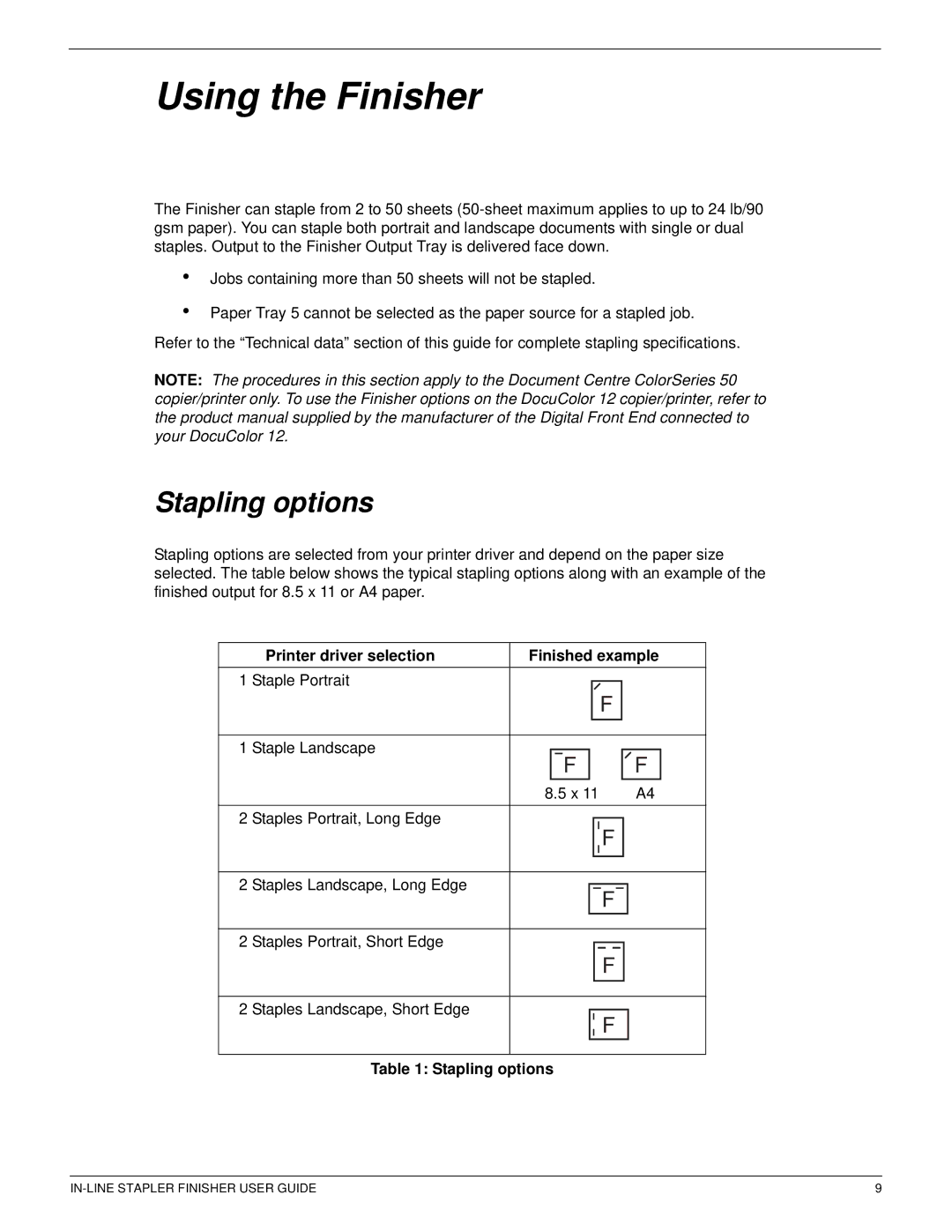 Xerox 12CP manual Using the Finisher, Stapling options, Printer driver selection Finished example 