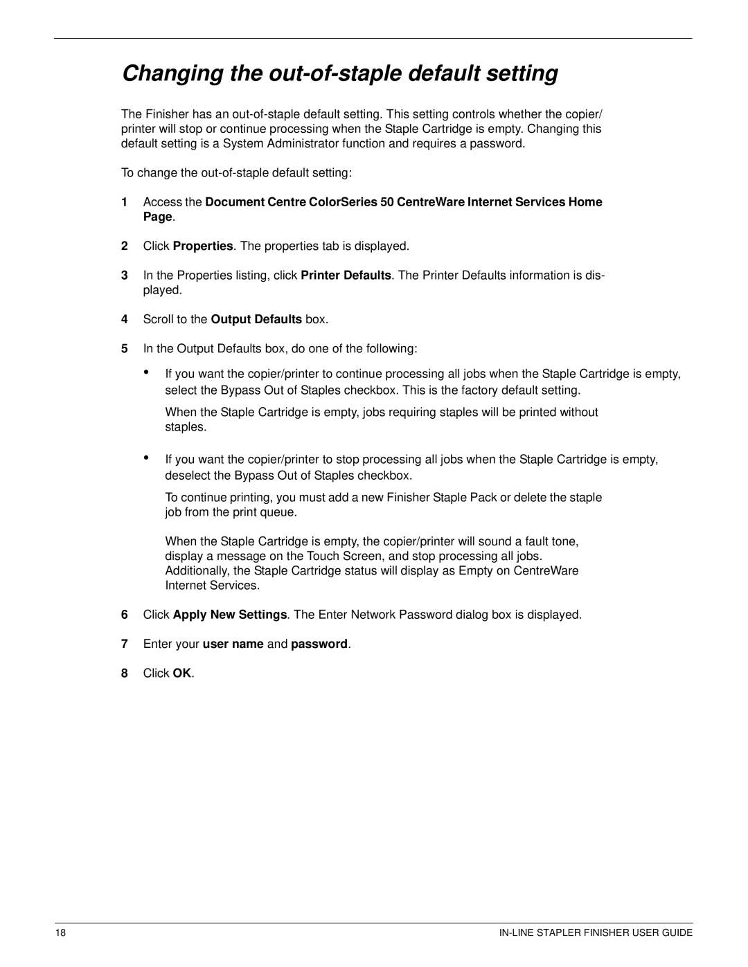 Xerox 12CP manual Changing the out-of-staple default setting, Enter your user name and password 