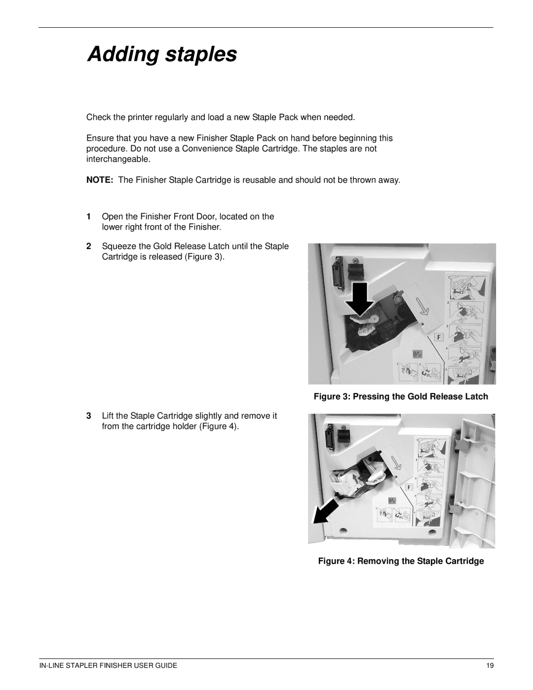 Xerox 12CP manual Adding staples, Pressing the Gold Release Latch 