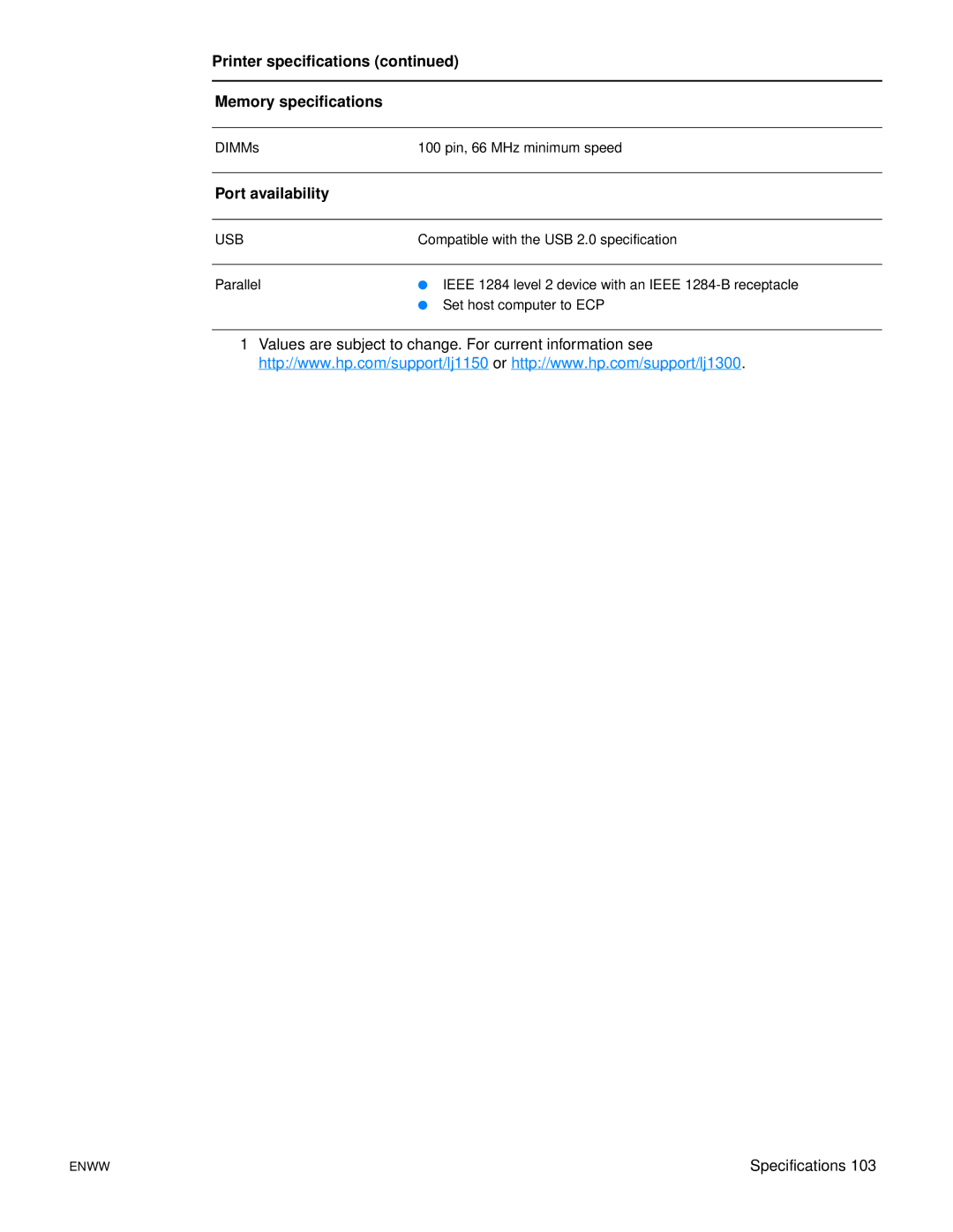 Xerox 1150, 1300 series manual Printer specifications Memory specifications, Port availability 