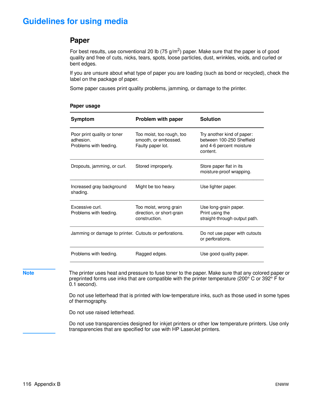 Xerox 1300 series, 1150 manual Guidelines for using media, Paper usage Symptom Problem with paper Solution 