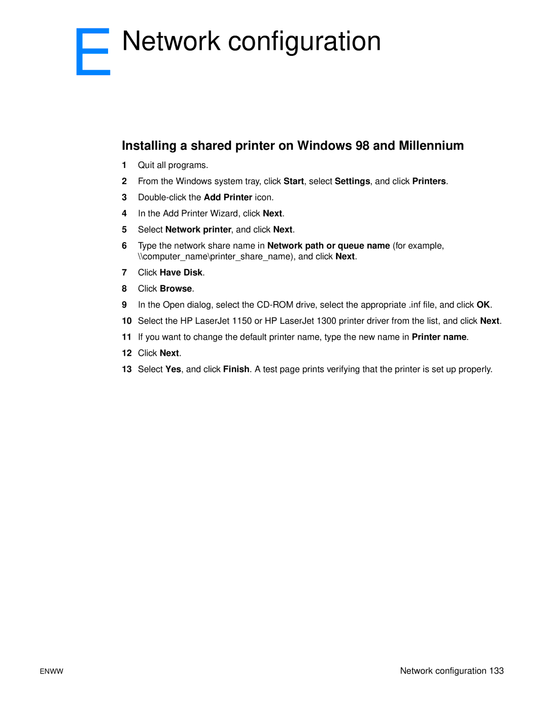 Xerox 1150, 1300 series Network configuration, Installing a shared printer on Windows 98 and Millennium, Click Have Disk 