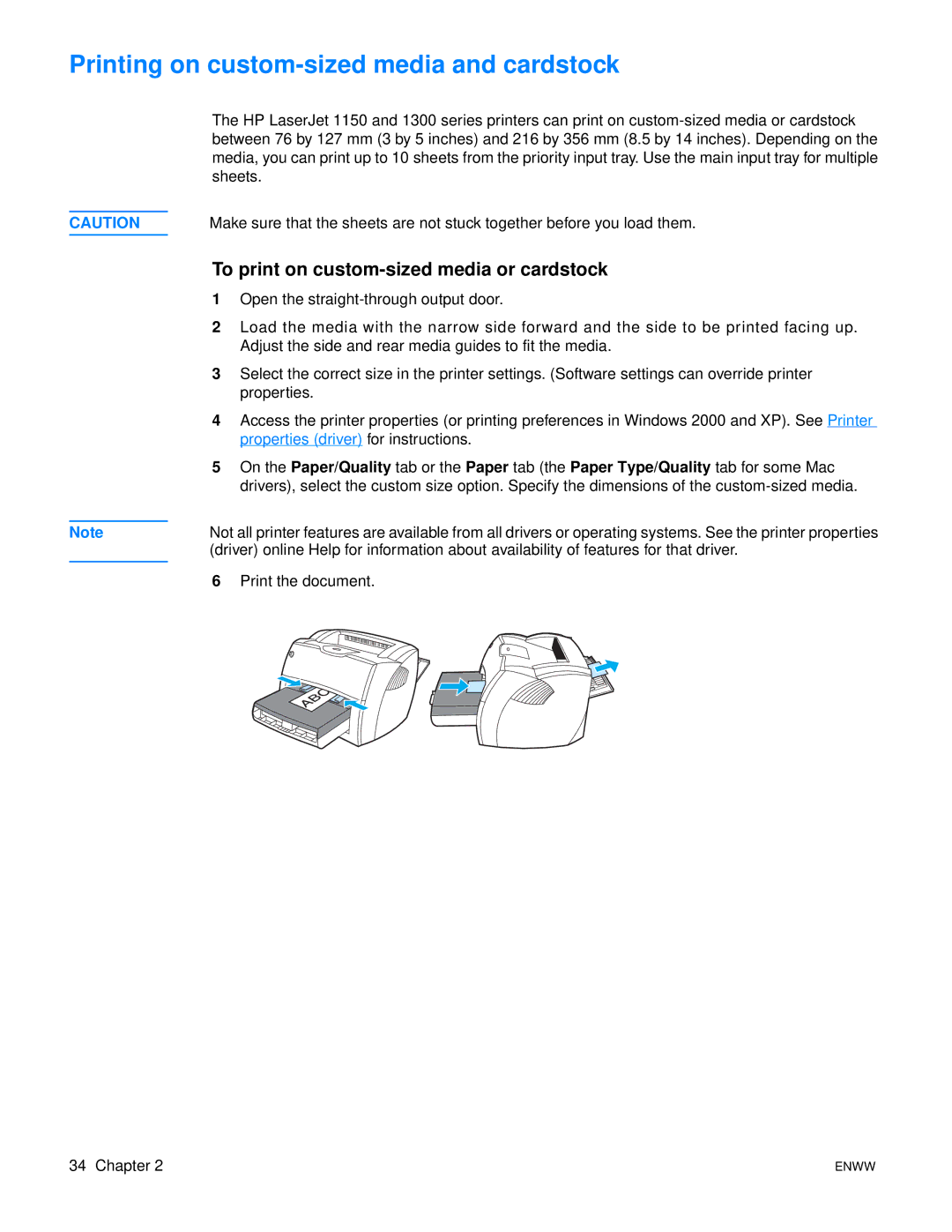 Xerox 1300 series, 1150 manual Printing on custom-sized media and cardstock, To print on custom-sized media or cardstock 