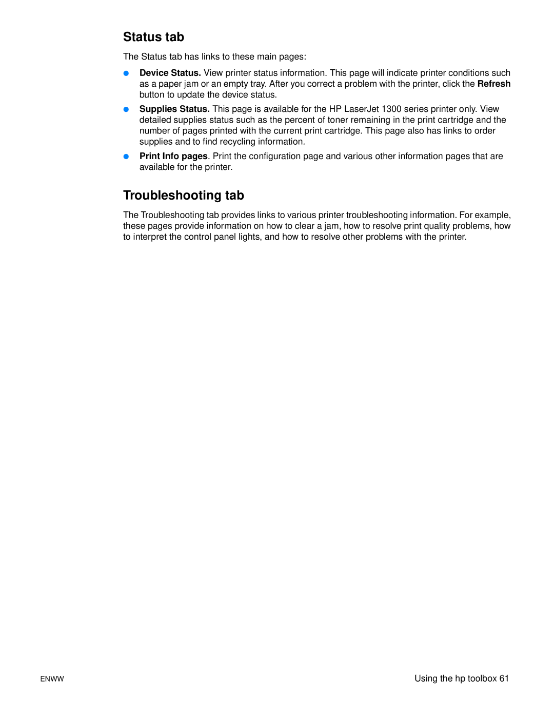 Xerox 1150, 1300 series manual Status tab, Troubleshooting tab 