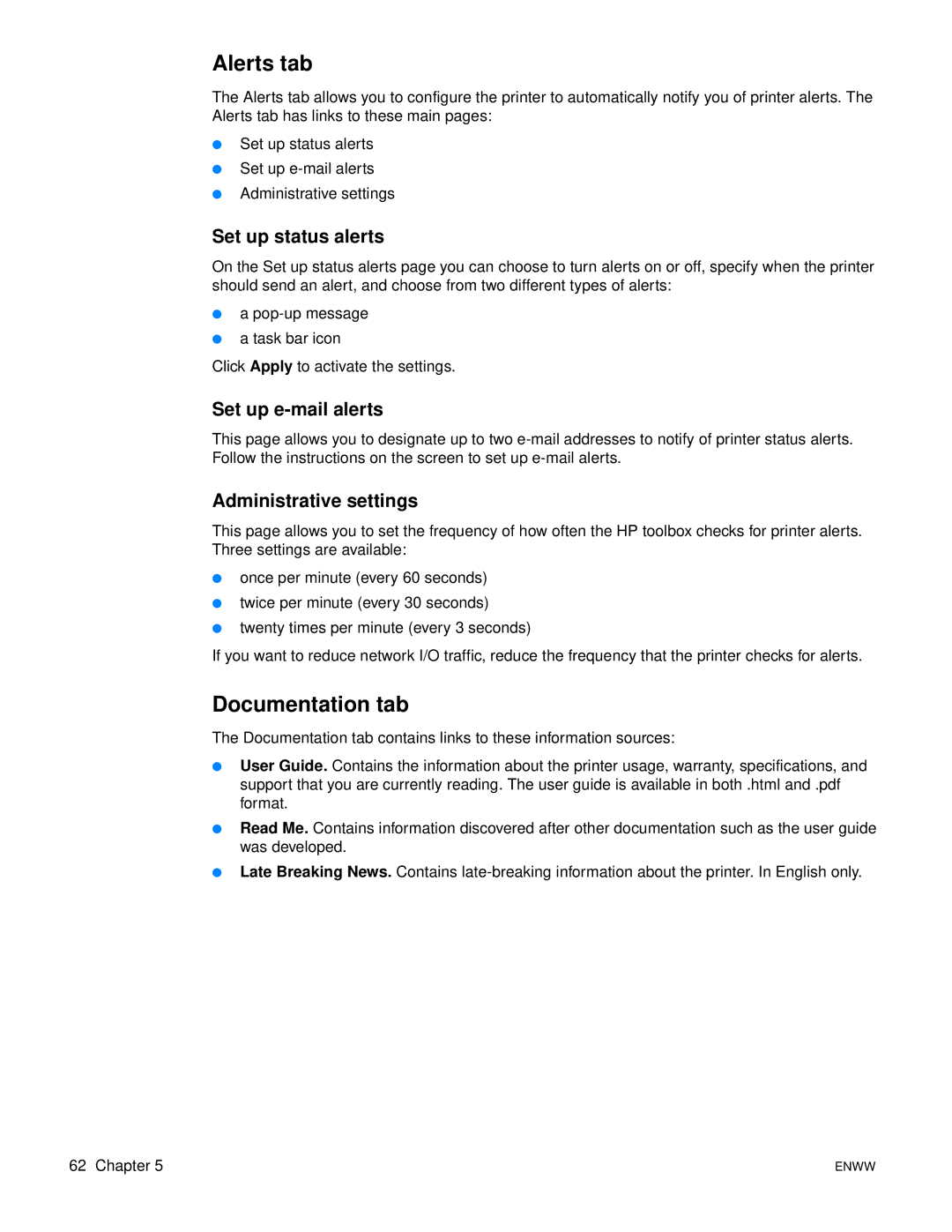 Xerox 1300 series, 1150 Alerts tab, Documentation tab, Set up status alerts, Set up e-mail alerts, Administrative settings 