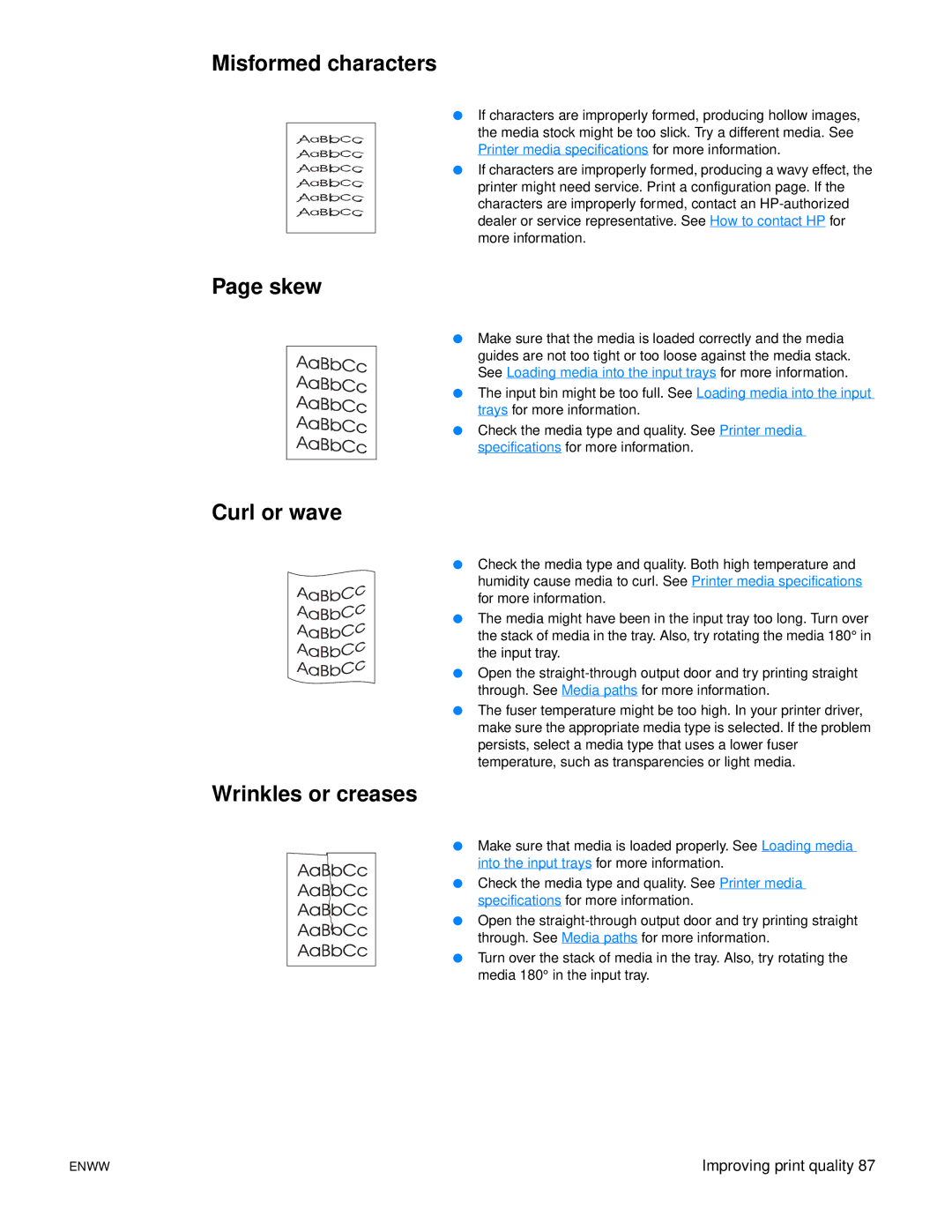 Xerox 1150, 1300 series manual Misformed characters, Skew, Curl or wave, Wrinkles or creases 