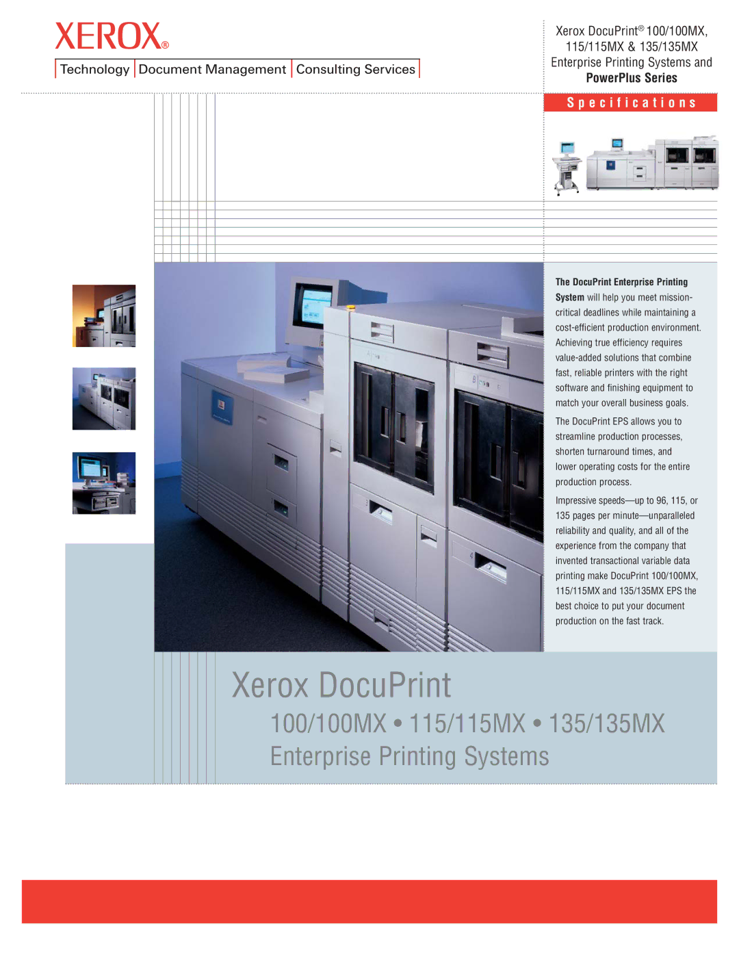 Xerox 115MX, 135MX specifications Specification s, DocuPrint Enterprise Printing 