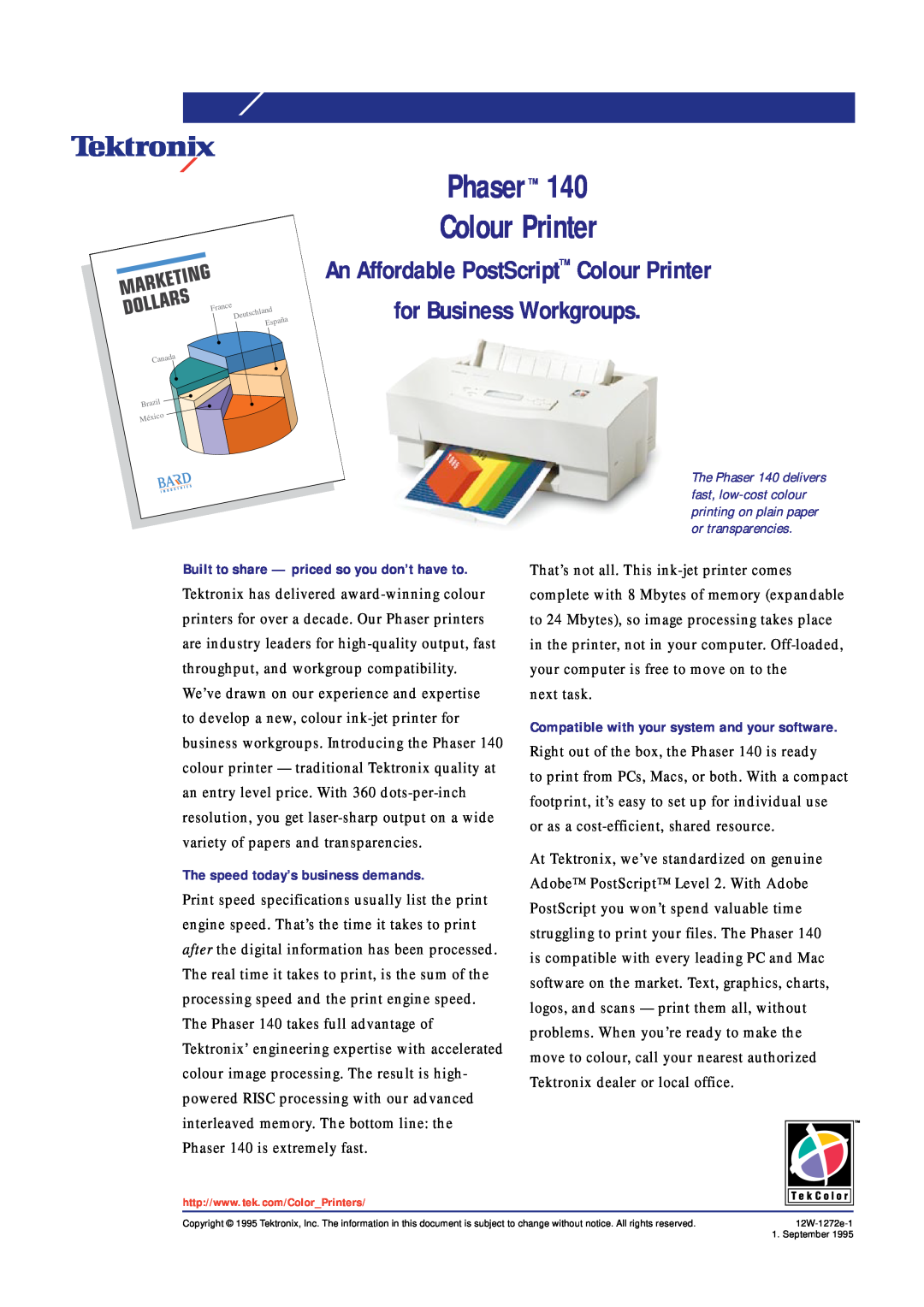 Xerox specifications An Affordable PostScript Colour Printer, for Business Workgroups, Phaser 140 Colour Printer 
