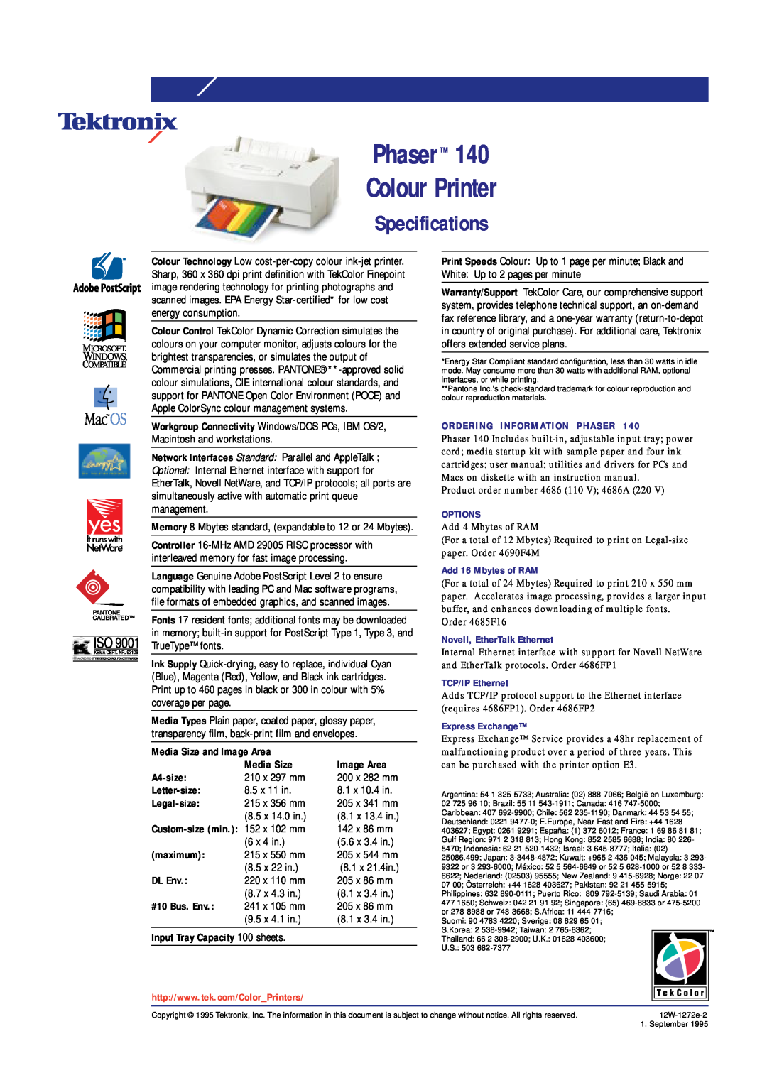 Xerox specifications Specifications, Phaser 140 Colour Printer 