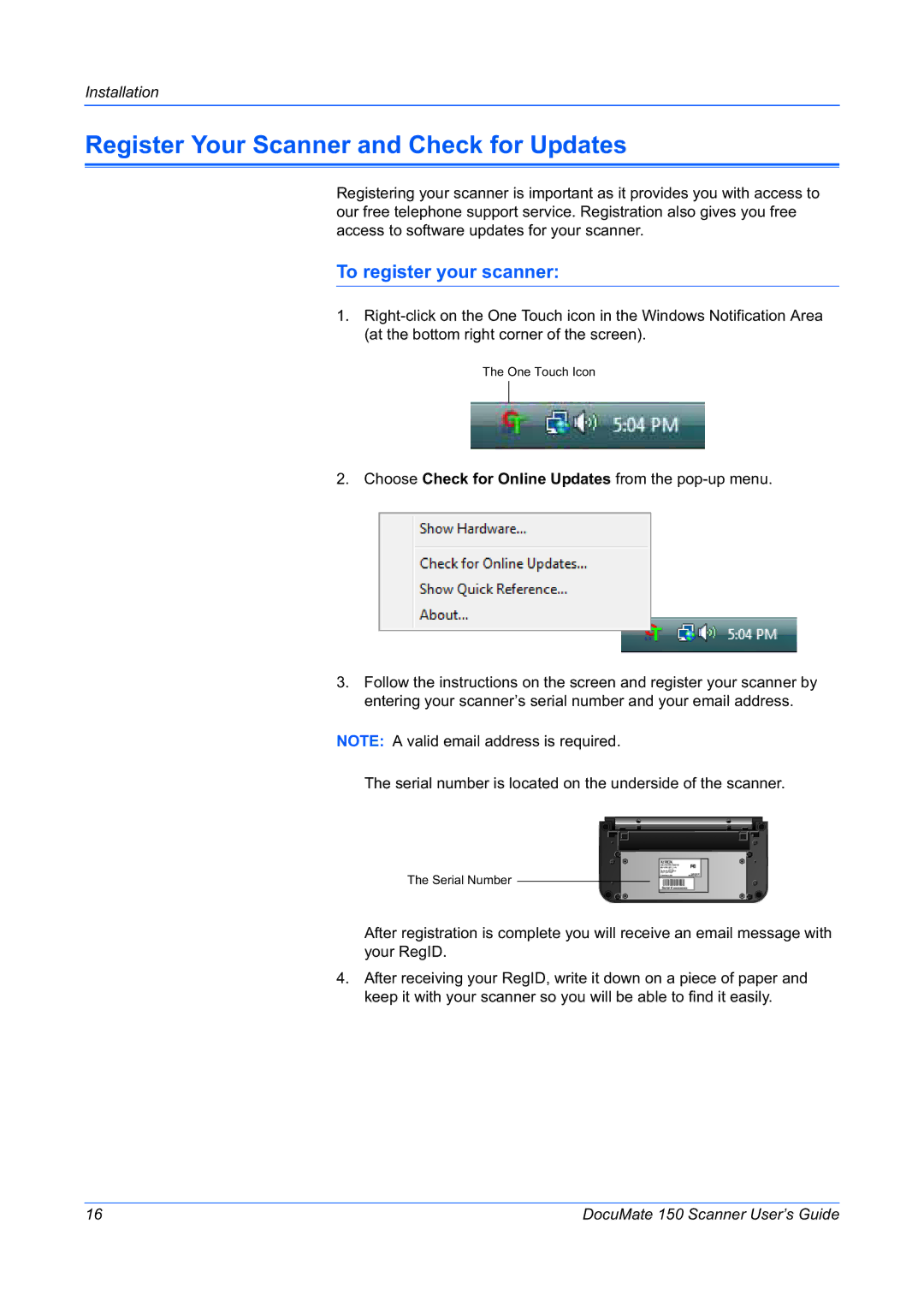 Xerox 150 manual Register Your Scanner and Check for Updates, To register your scanner 