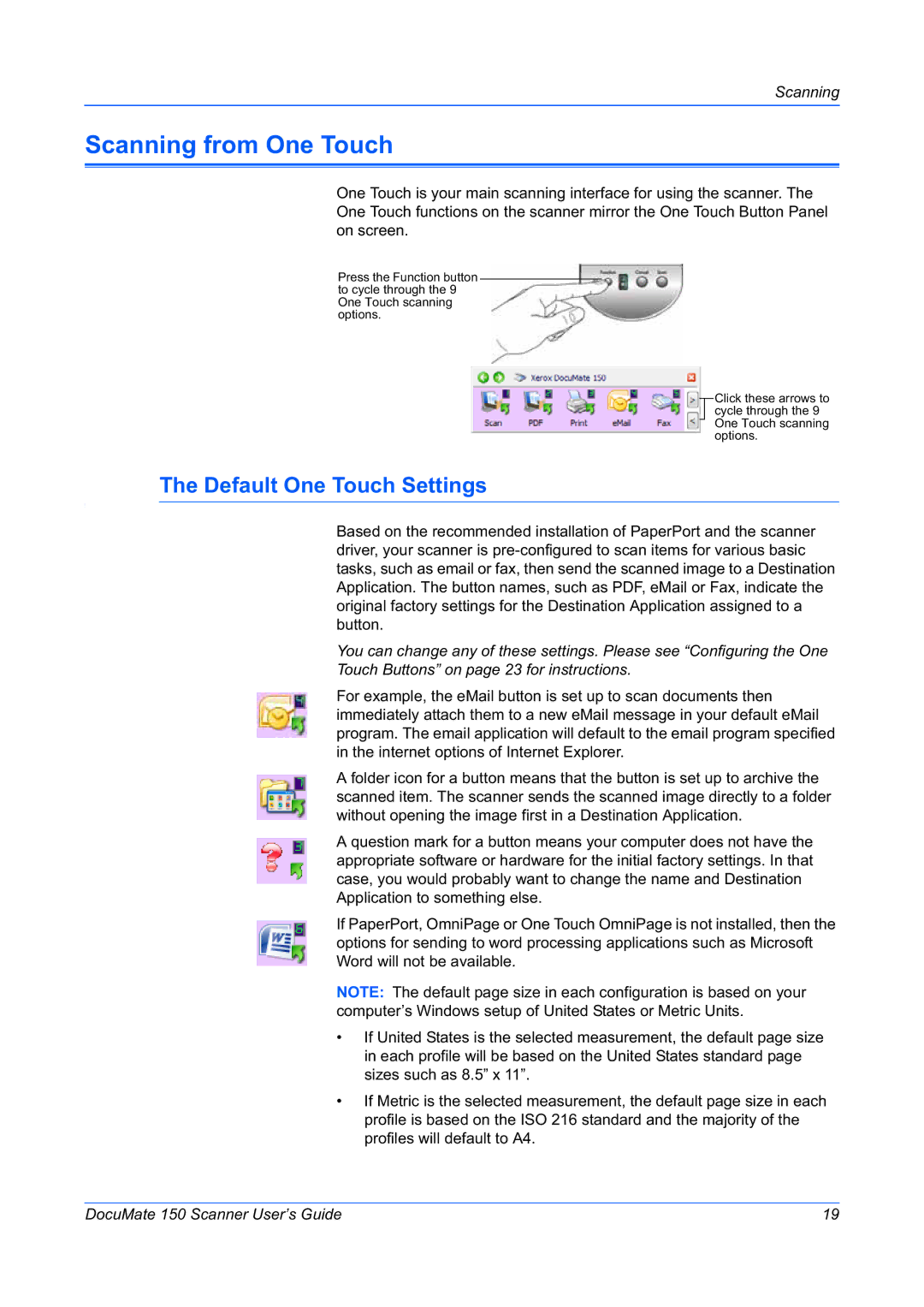 Xerox 150 manual Scanning from One Touch, Default One Touch Settings 