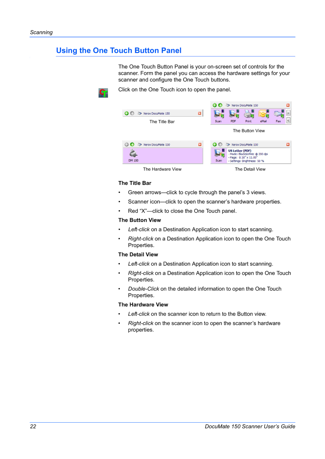 Xerox 150 manual Using the One Touch Button Panel, Title Bar 