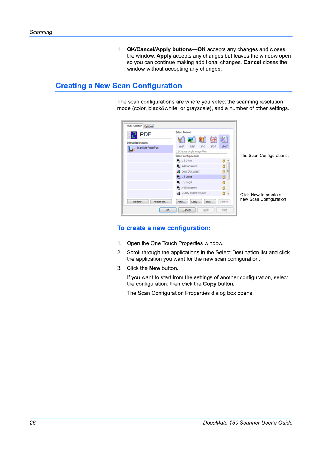 Xerox 150 manual Creating a New Scan Configuration, To create a new configuration 