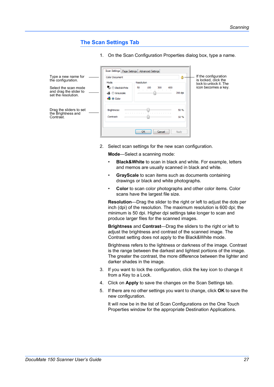 Xerox 150 manual Scan Settings Tab 